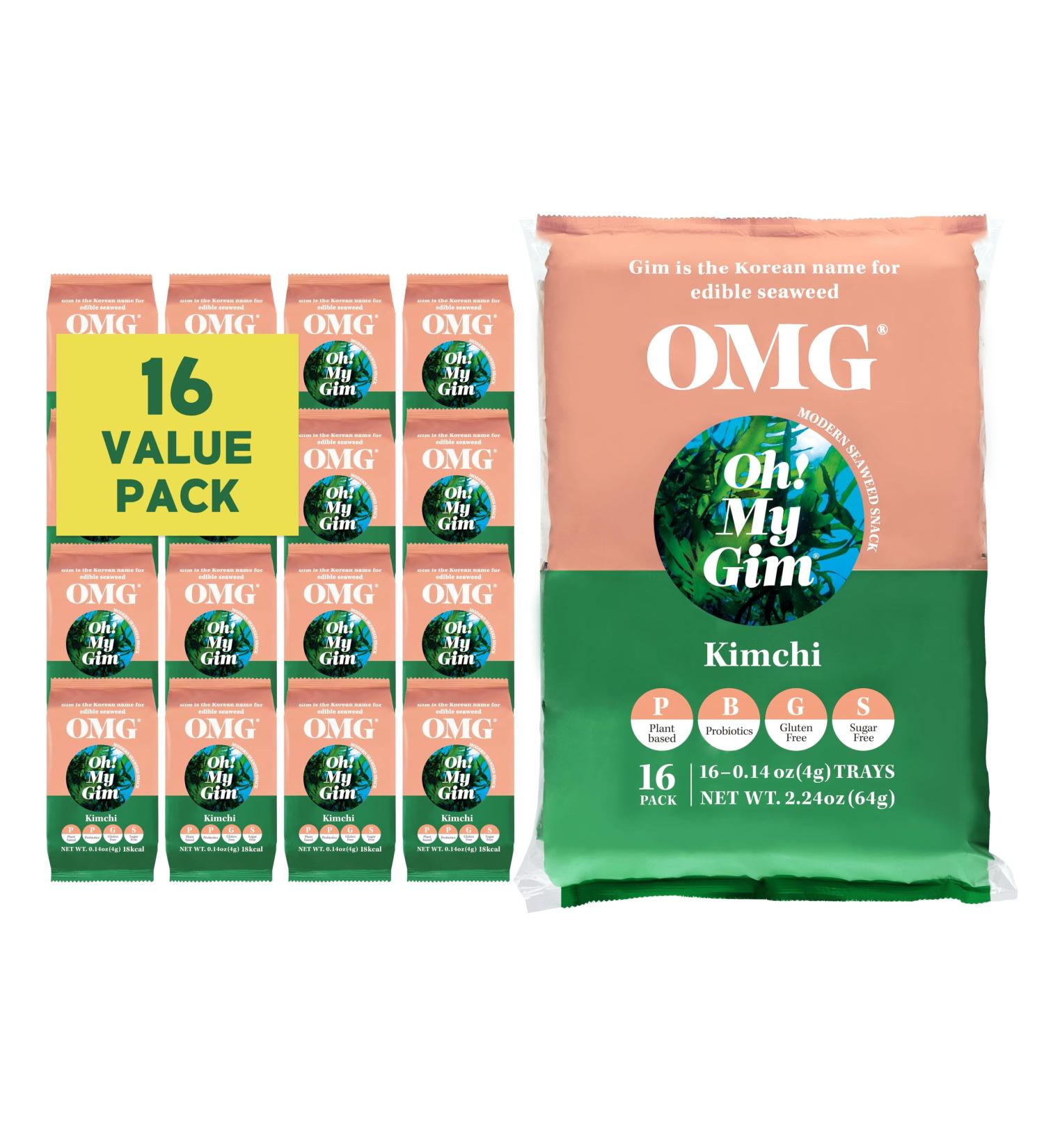 Koreafood OMG OH My Gim Seaweed Snacks - Vegan Sea Salt & Green Tea 16 Pack | Dried Nori & Algae Chips | Authentic Korean Food - Buy Online on GoSupps.com