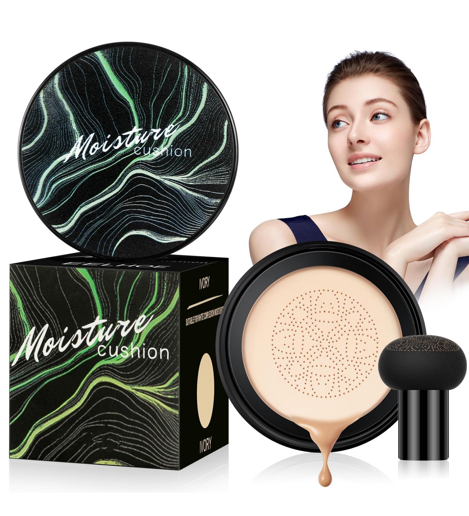 Mushroom Head Air Cushion CC Cream Moisturizing & Oil Control Foundation Cover Concealer Long Lasting Air Cushion CC Cream with Mushroom Makeup Sponge Liquid Foundation BB Cream for Women Makeup Ivory White - Buy Online on GoSupps.com