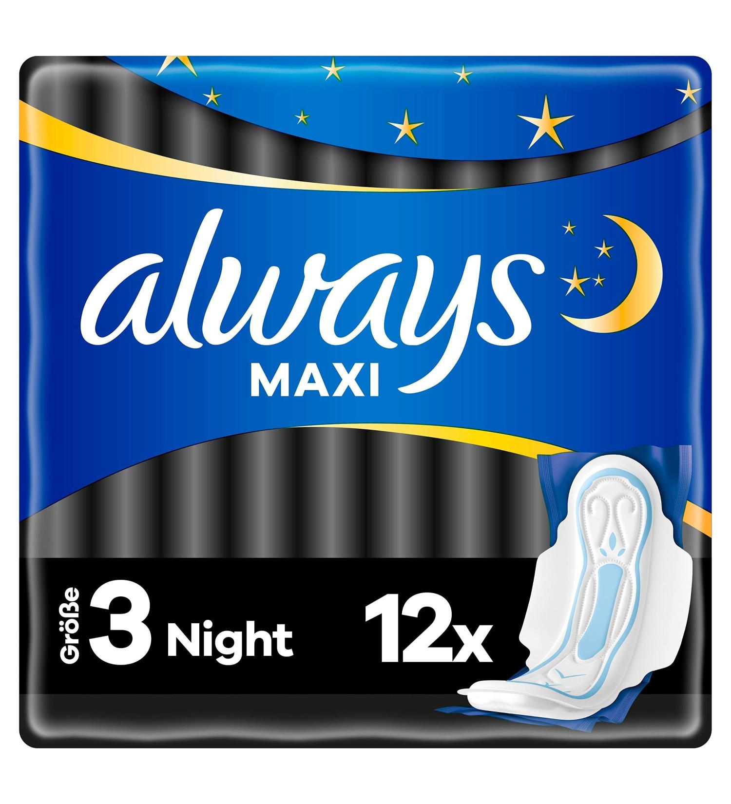 Always Maxi Night Pads for Women - Super Absorbent Odor-Neutralizing Size 3 (12 Count) with Wings - Ultimate Night Protection - Buy Online on GoSupps.com