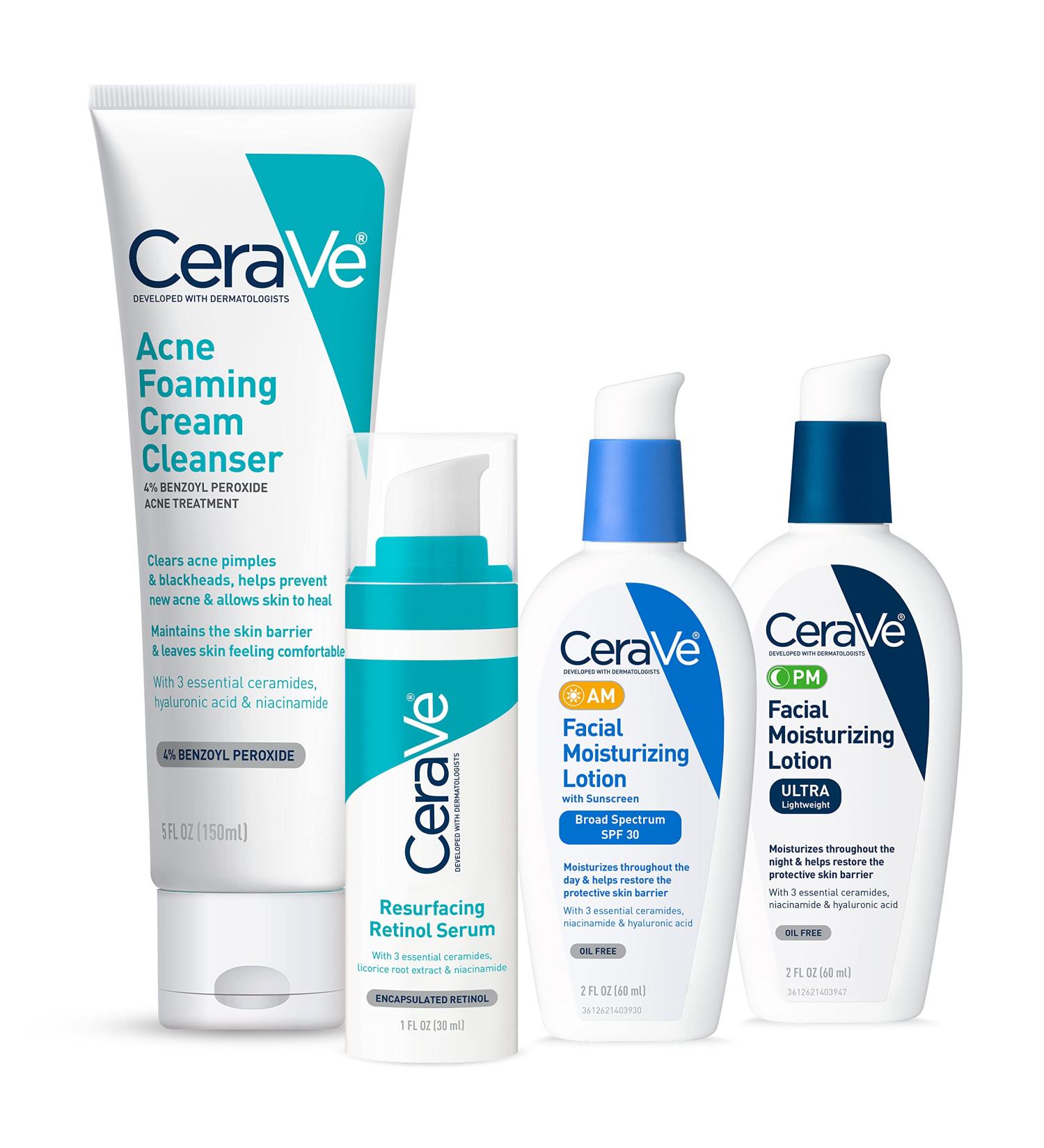 CeraVe Acne Skin Care Set - Benzoyl Peroxide Face Wash, Retinol Serum, SPF AM Moisturizer, PM Moisturizer | 5oz Cleanser + 1oz Serum + 2oz AM Lotion + 2oz PM Lotion - Buy Online on GoSupps.com