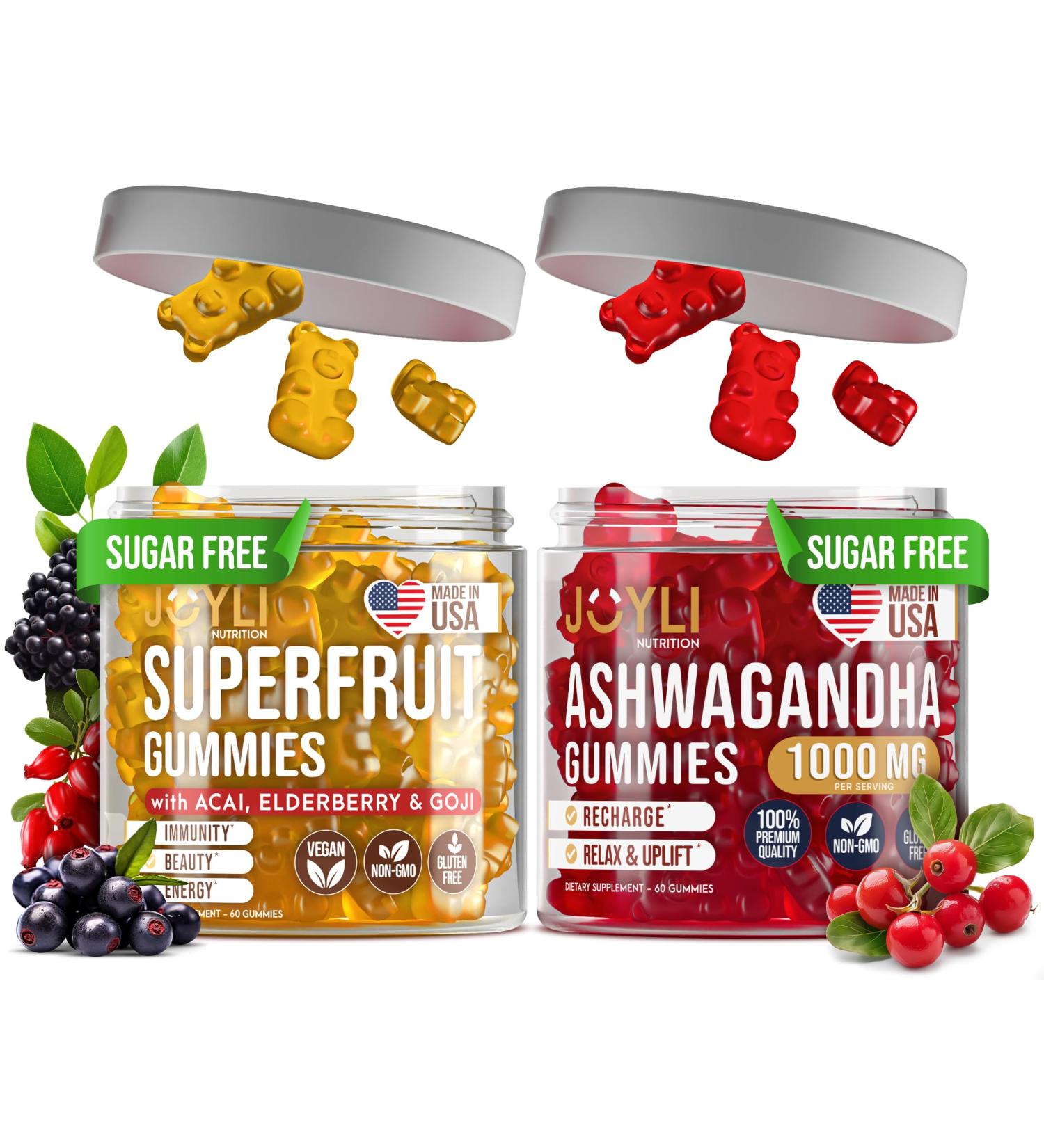 Joyli Ashwagandha & Superfruit Gummies Bundle Mind & Body Balance + Daily Wellness Support Vegan Multivitamin Formula with Goji Elderberry Vitamin C D & Zinc 2 Pack for Adults - Buy Online on GoSupps.com