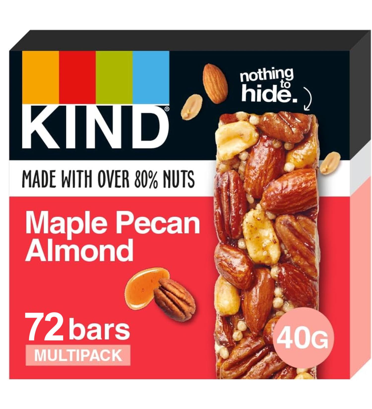 KIND Bars Bulk Pack Maple Pecan Almond High Fibre Gluten Free Snack Bars No Artificial Colours Flavours or Preservatives 72 x 40g bars - Buy Online on GoSupps.com