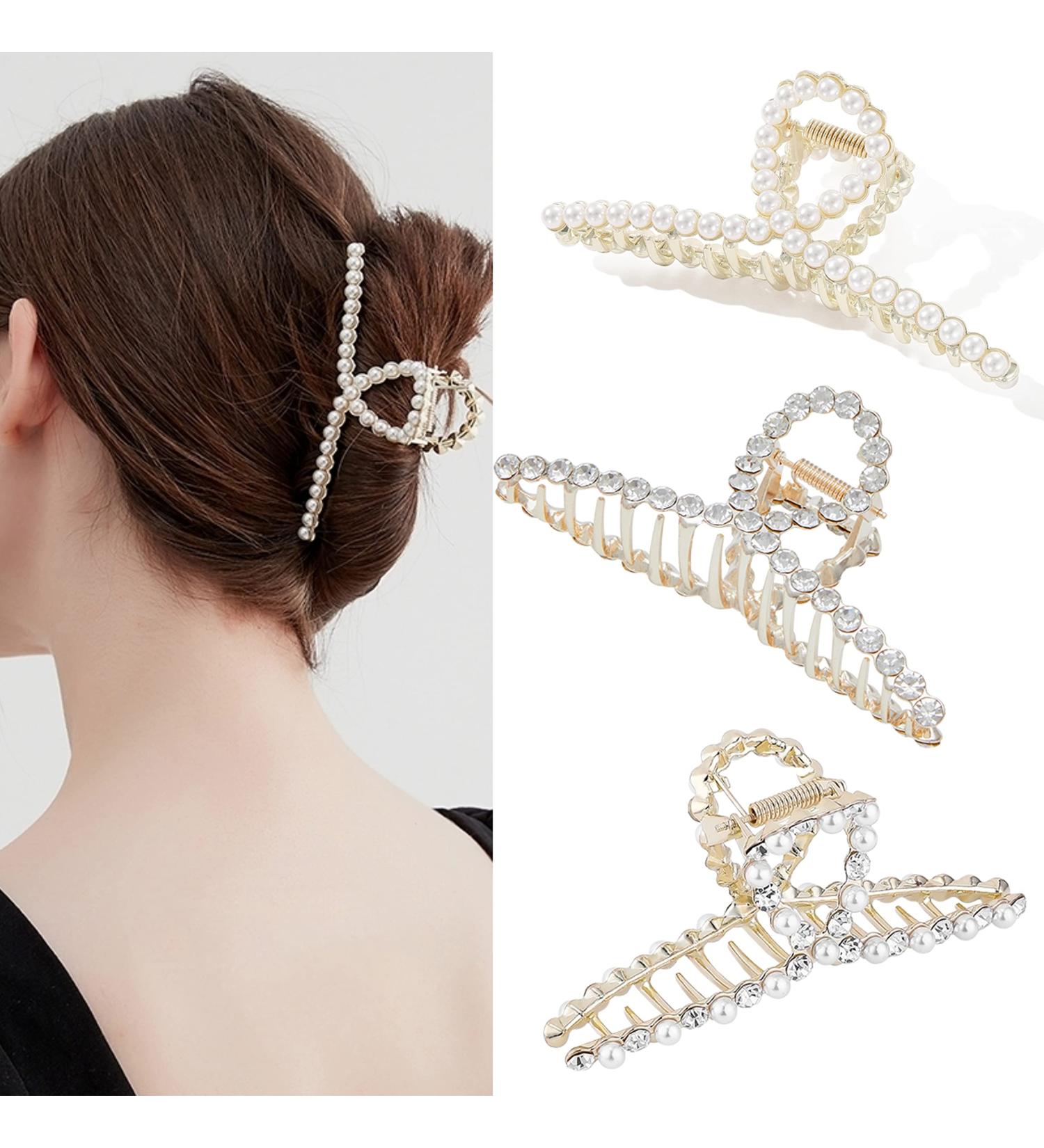 Shop Stylish Women's Metal Hair Clips - Large Slipproof Gripper with Pearls & Rhinestones | Perfect for Thick Hair - Buy Online on GoSupps.com