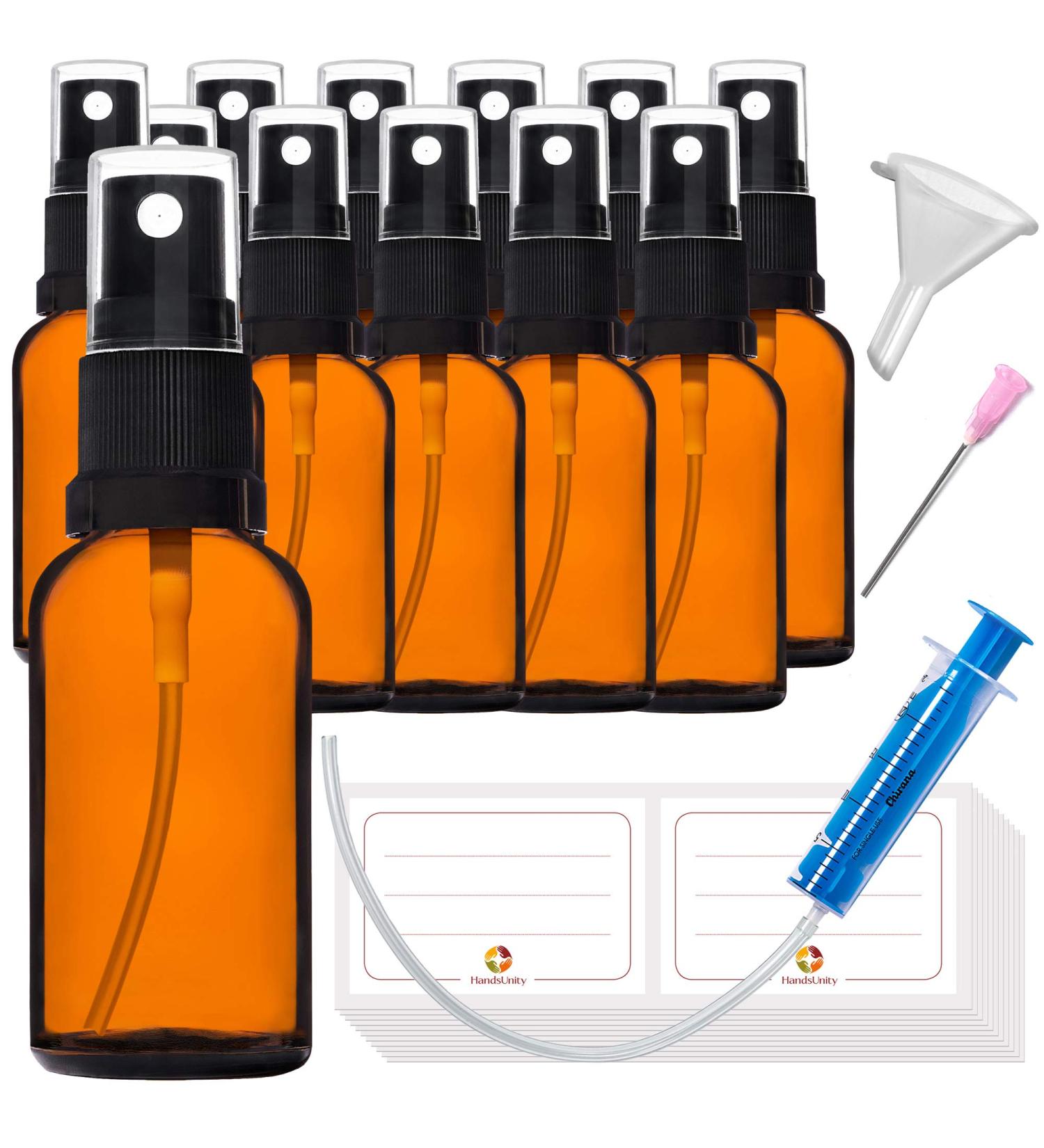 Handsunity 30ml Amber Glass Spray Bottle Set - 12 Pack with Atomizer & Accessories | Premium Quality Pharmacy Bottles - Buy Online on GoSupps.com