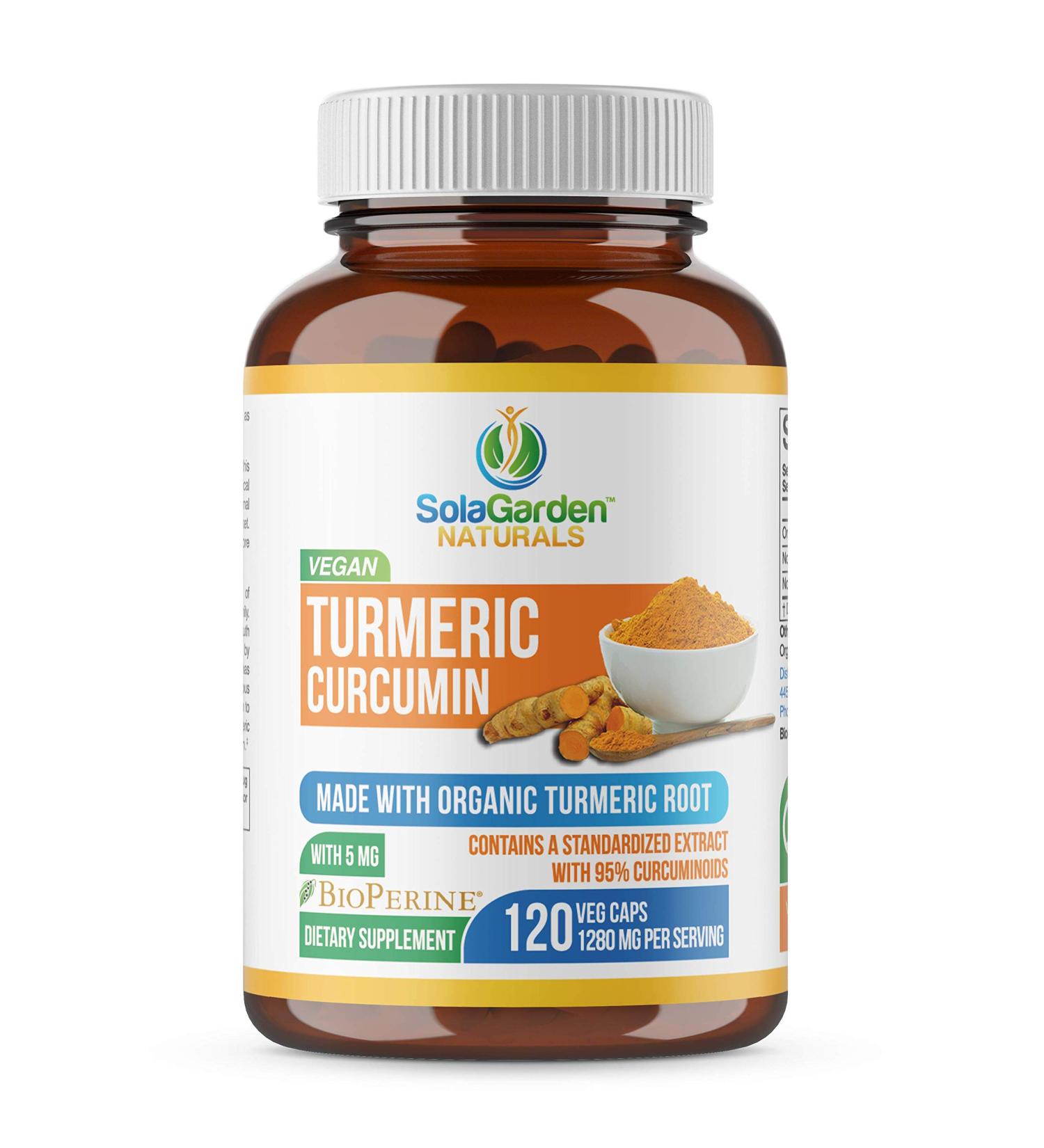 Organic Turmeric Curcumin with BioPerine & 95% Curcuminoids - 120 Non GMO Veggie Capsules by SolaGarden Naturals - Buy Online on GoSupps.com