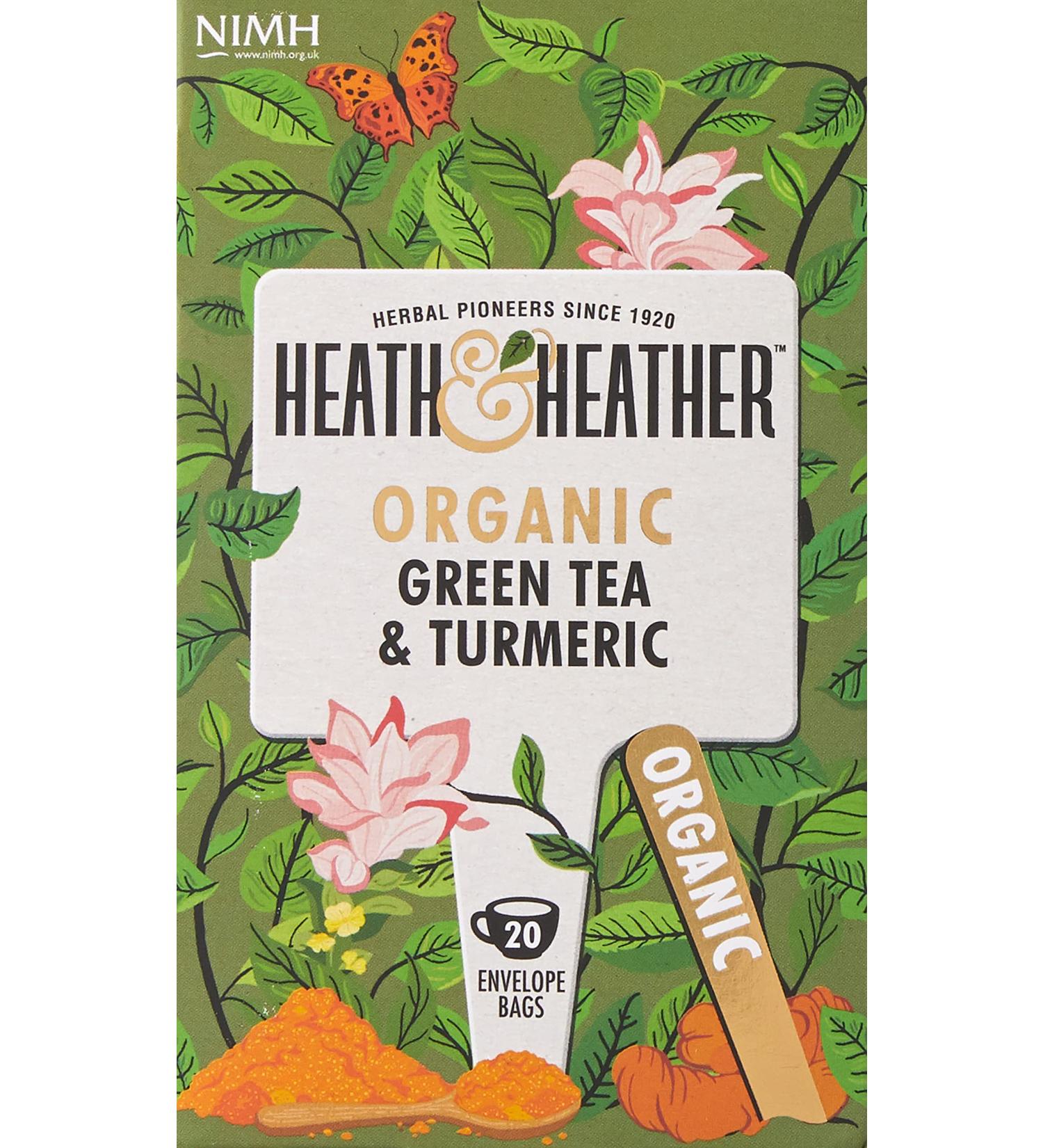 Heath & Heather Organic Green Tea & Turmeric 20 Envelope Bags 40g - Buy Online on GoSupps.com