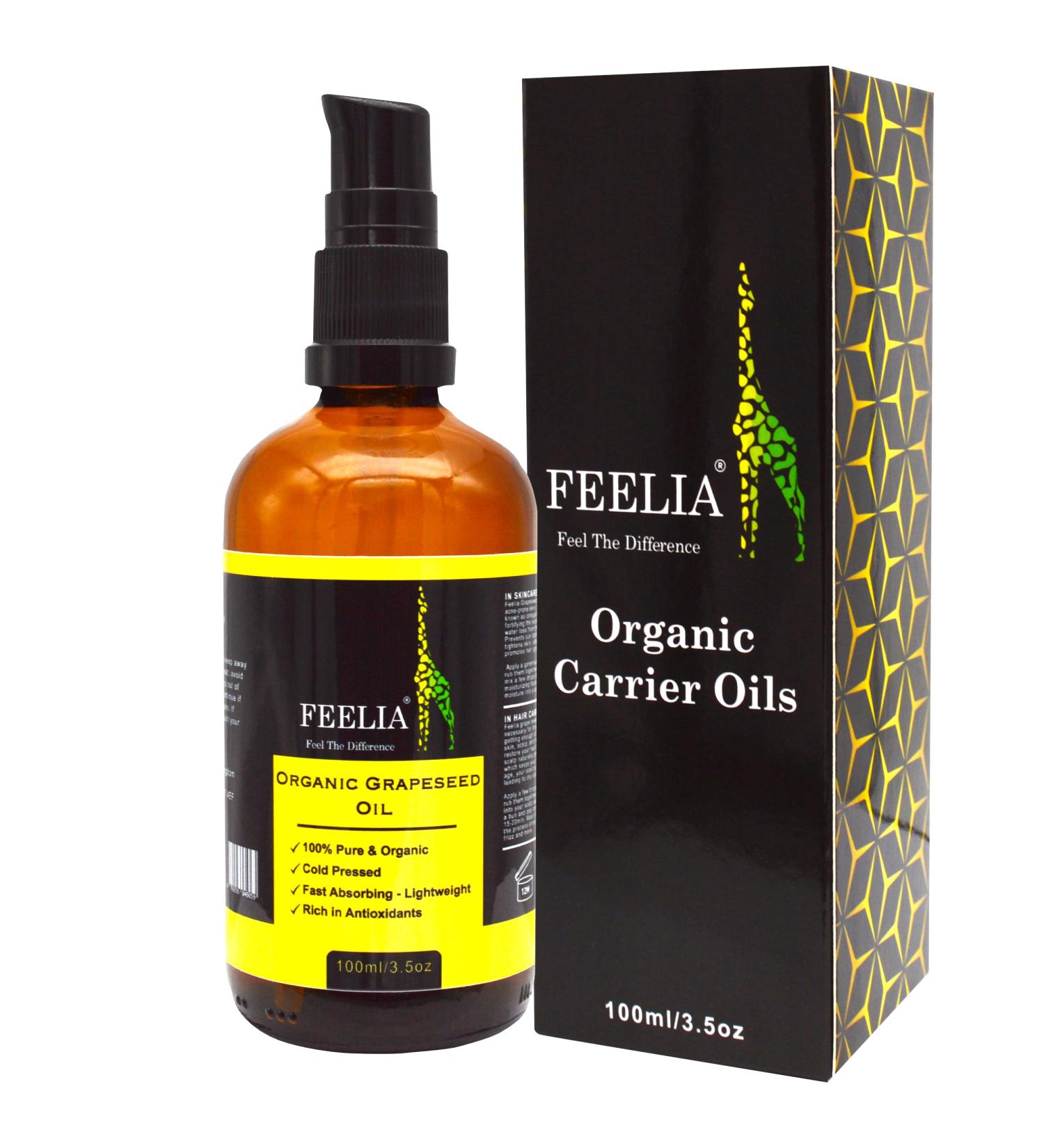 Feelia - Organic Grapeseed Oil - Cold Pressed Rich in Antioxidants Fast Absorbing - Lightweight 100% Pure & Organic (100ml) - Buy Online on GoSupps.com