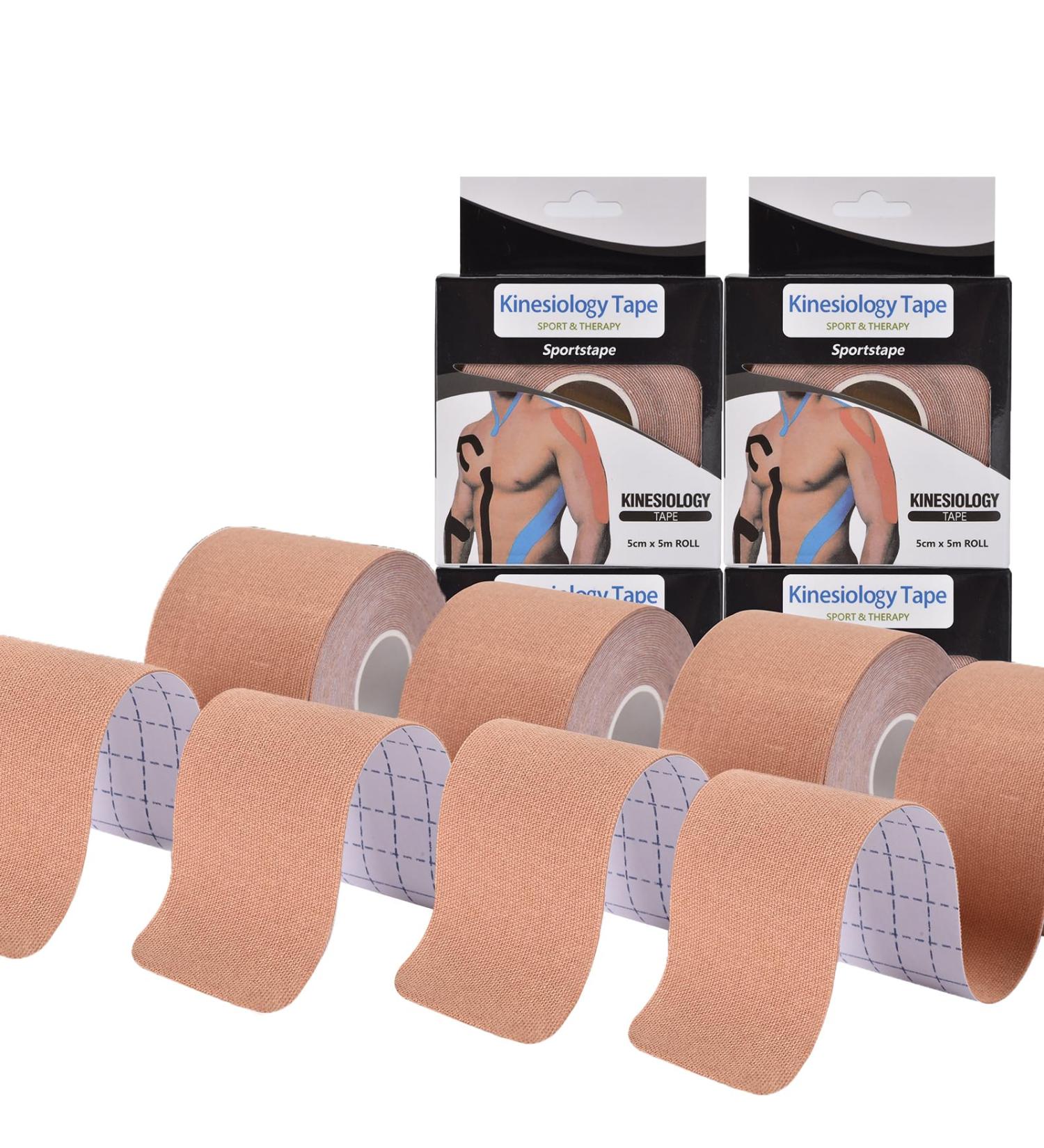 Kinesiology Tape (Beige 4 Rolls) Unlock Your Full Potential with Kinesiology Original Cotton Elastic Premium Athletic Tape Breathable Latex-Free Hypoallergenic high ductility and Waterproof for Shoulder Knee Elbow Ankle Support - Buy Online on GoSupps.com