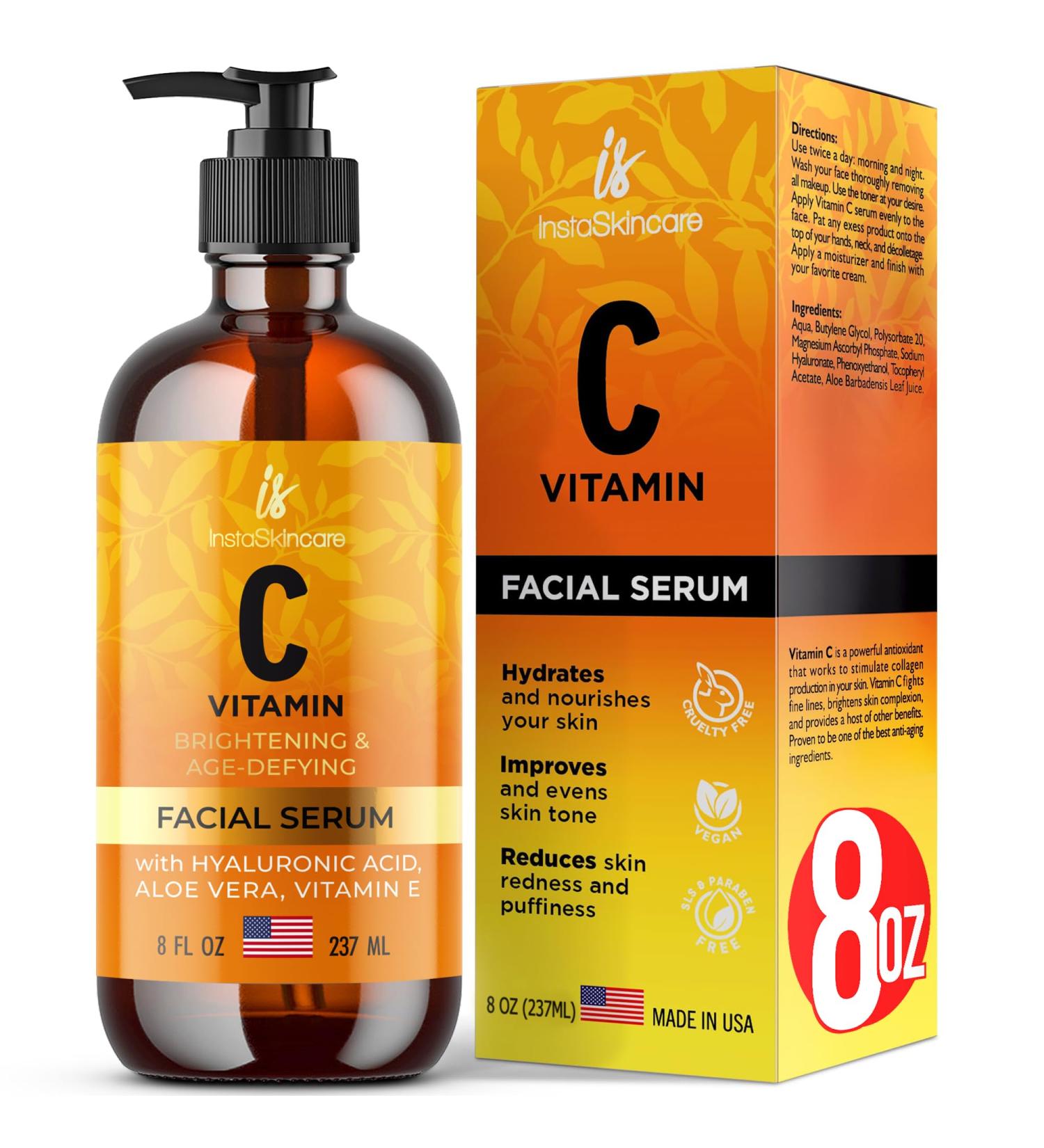 InstaSkincare Vitamin C Serum - Brightening & Anti-Aging with Hyaluronic Acid & Vitamin E | 8oz for Face & Eyes Dark Spots & Wrinkles - Buy Online on GoSupps.com
