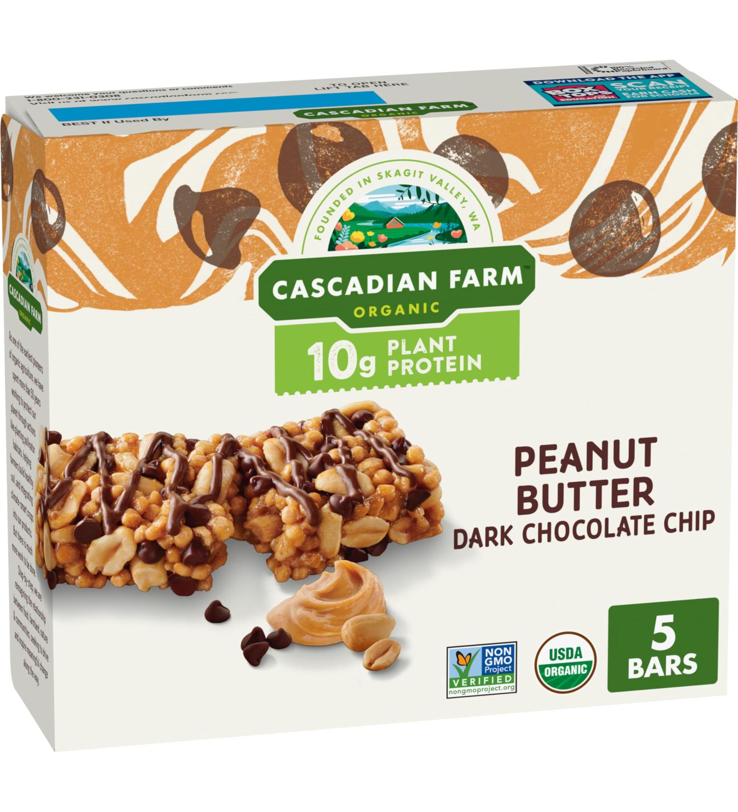 Cascadian Farm Organic Peanut Butter Dark Chocolate Chip Protein Bars - Non-GMO 5 Bars (8.85 oz) - Healthy Snack for On-the-Go - Buy Online on GoSupps.com