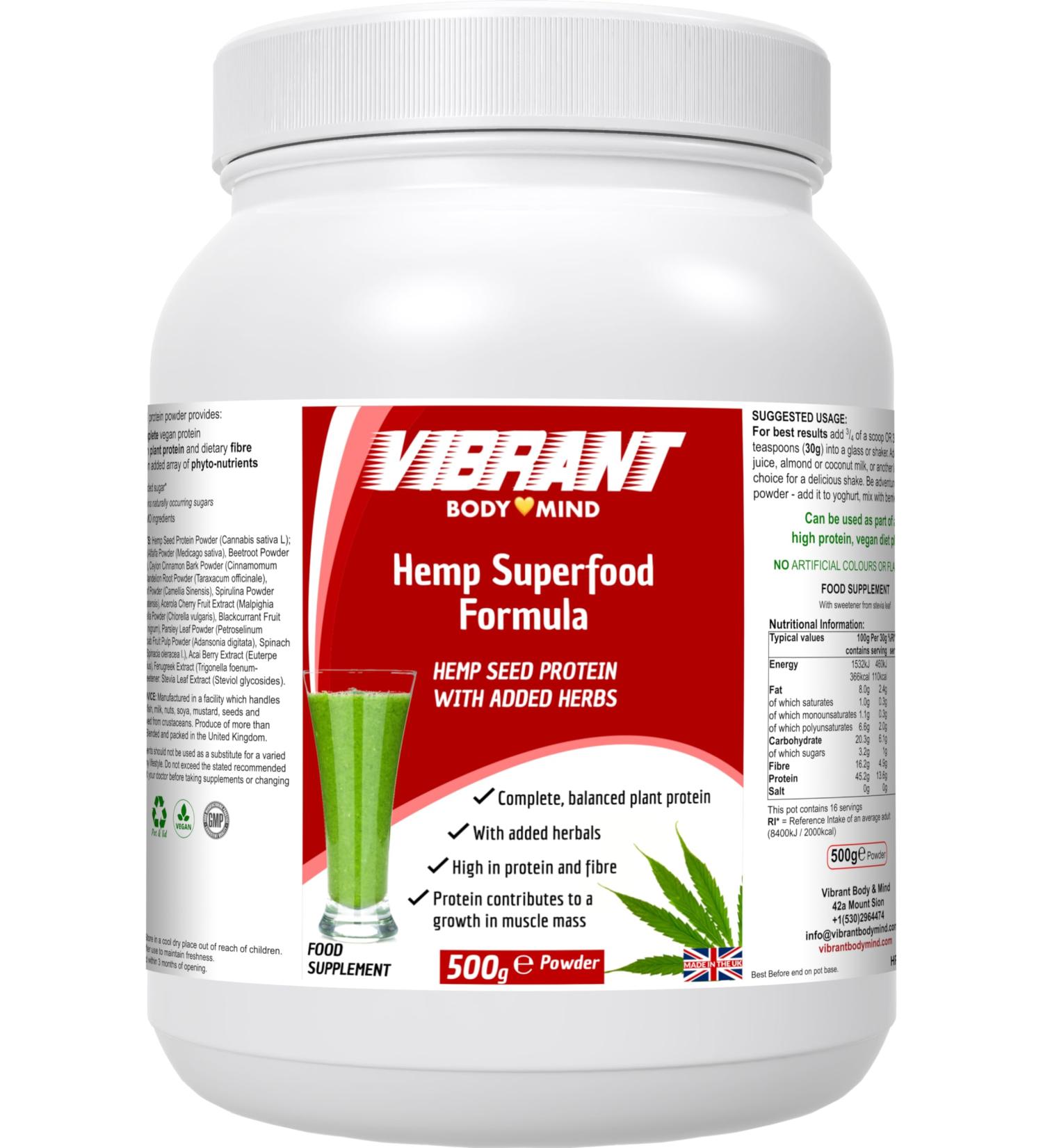 Hemp Protein Powder Organic with Probiotics Prebiotiocs and Superfoods - 100% Unflavoured Pure Complete Vegan Protein for Muscle Growth Energy & Nutrition - 1lb Jar Made in the UK - Buy Online on GoSupps.com