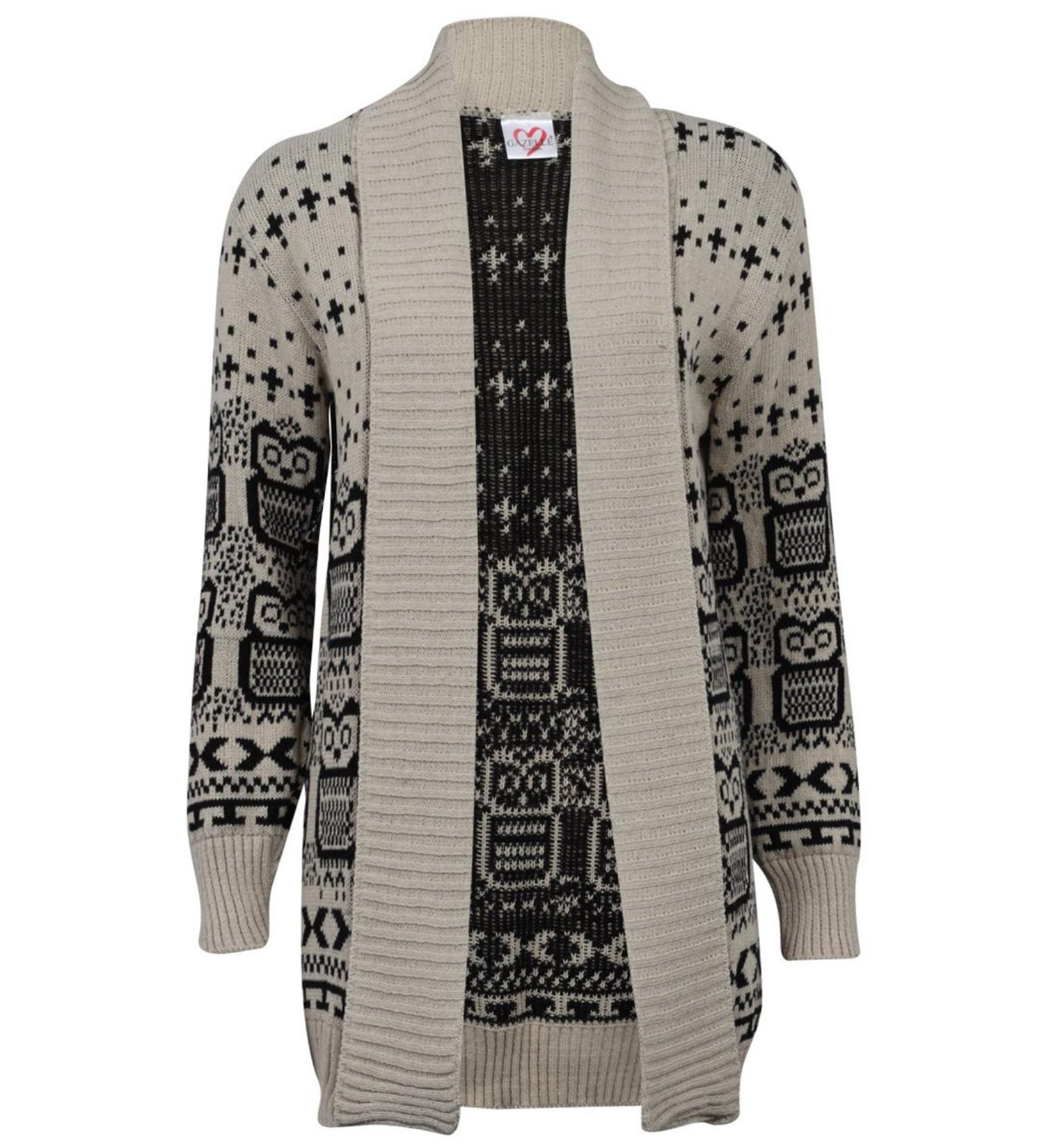 Fast Fashion Ladies Long Sleeves open Cardigan Skull Owl Front and above 36 Eule Stein