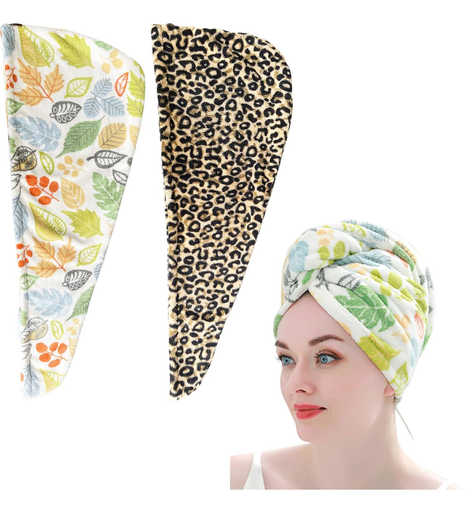 Udebe Microfiber Hair Towel for Women - Super Absorbent Shower Hood & Bath Cap Set (2 Pieces: Leopard + Leaves) - Fast International Shipping - Buy Online on GoSupps.com
