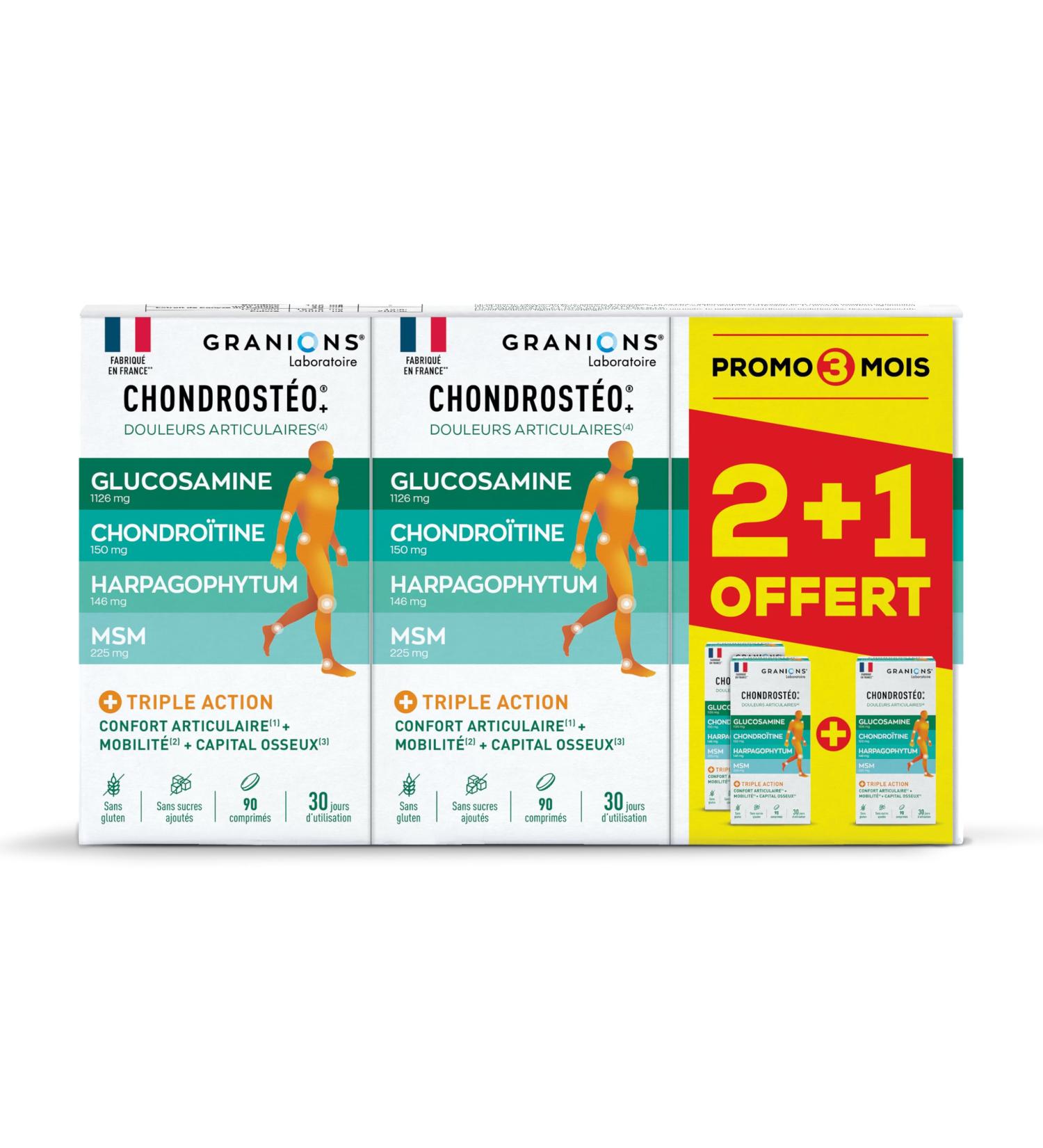 Chondrosteo Joints Granions Marine Collagen + Glucosamine Chondroitin MSM Harpagophytum Marine Collagen + Calcium Triple Action: Flexibility Flexibility Mobility Pack of 3 x 90 Tablets - Buy Online on GoSupps.com
