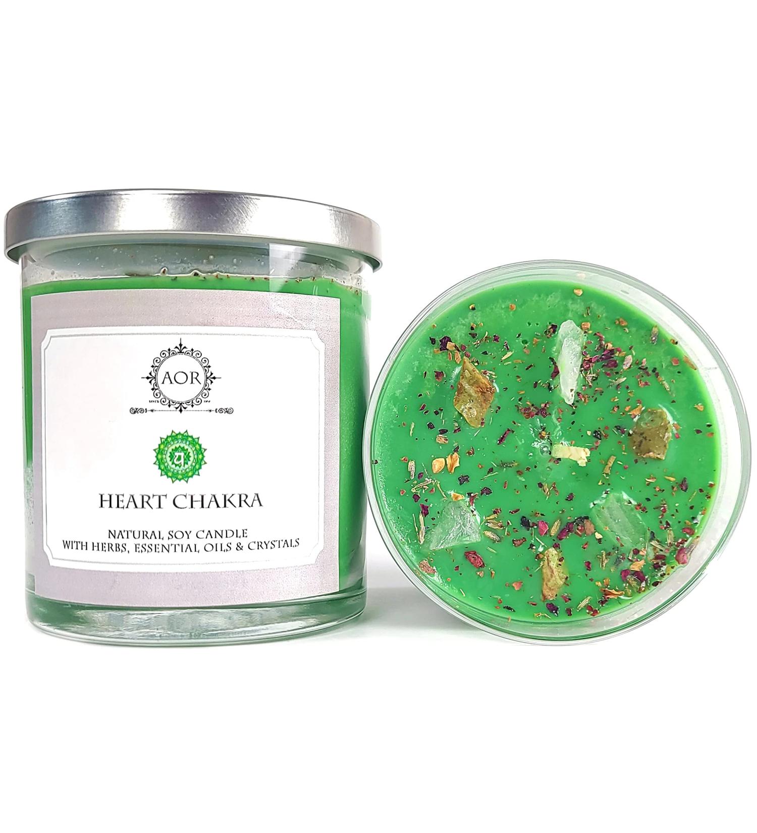 Heart Chakra Soy Candle (Anahata) 10 oz with Rose Quartz & Chrysoprase Crystals Herbs & Essential Oils. | Love Compassion | (Wiccan Pagan Magick Spirituality)