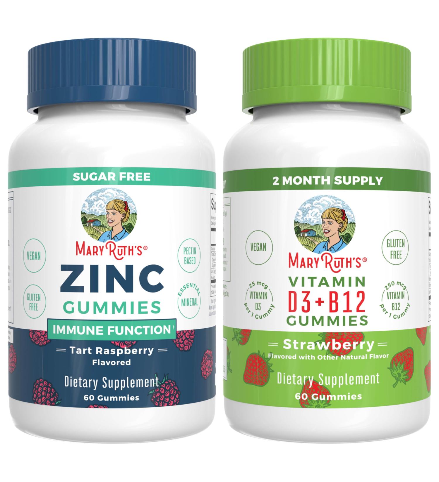 MaryRuth Organics Zinc Gummies (Tart Raspberry) & Vitamin D3+B12 Gummies (Strawberry) | Clean Label Project Verified | Vitamins for Immunity & Joint and Bone Health | Vegan Non-GMO No Gelatin - Buy Online on GoSupps.com