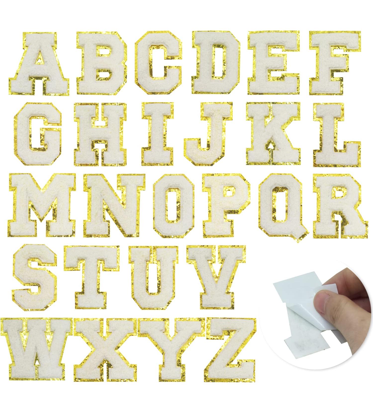 26 Piece Self Adhesive Chenille Letter Patches A-Z White 2.56 Inch - Varsity Embroidered Gold Glitter Border - Stoney Clover Alphabet Patches - DIY Craft - Buy Online on GoSupps.com