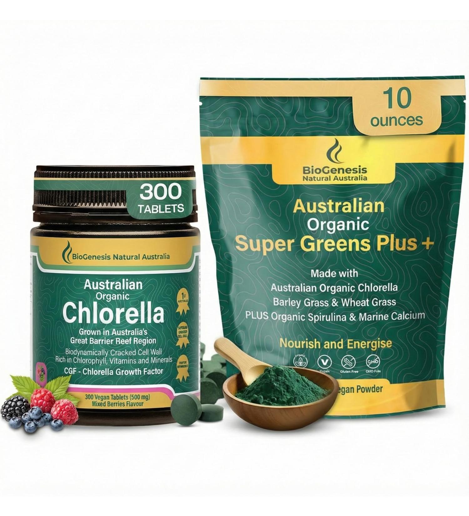 Biogenesis Ultimate Greens Stack Chlorella Tablets (Berry) & SuperGreens Powder Australian Grown Organic Spirulina Wheatgrass Barley Grass Immune & Energy - Buy Online on GoSupps.com