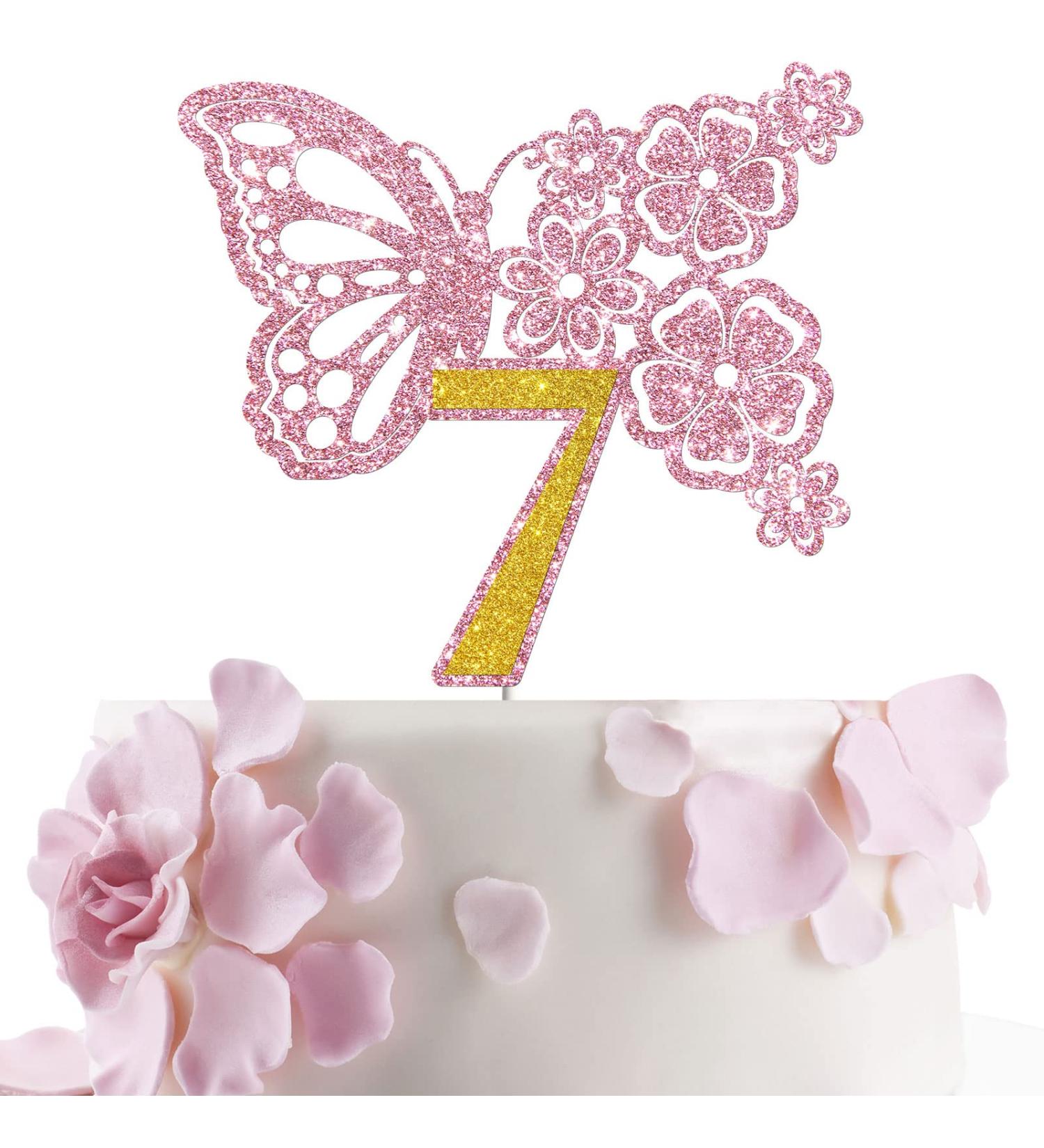 Tenhaisi Pink & Gold 3D Butterfly Flower Sign 7 Cake Topper - Happy 7th Birthday/Anniversary Party Decoration 3D Cake Topper- Girls 7th Birthday Party Supplies - Buy Online on GoSupps.com