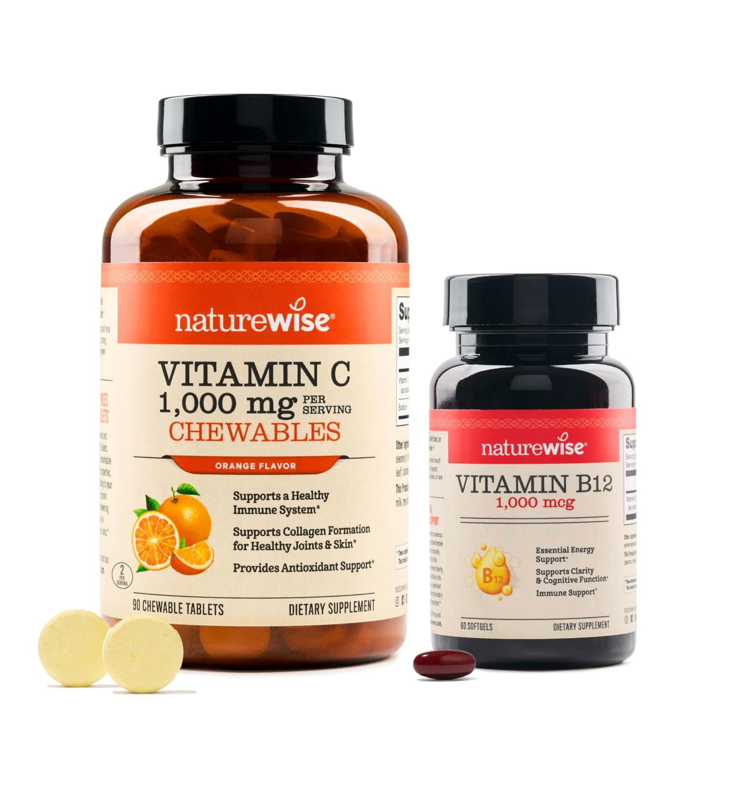 NatureWise 1 Extra Strength Vitamin C 1000mg - Non-GMO 90 Chewable Tablets 45-Day Supply + 1 Vitamin B12 1000 mcg - Gluten-Free Non-GMO - 60 Softgels 60-Day Supply  - Buy Online on GoSupps.com