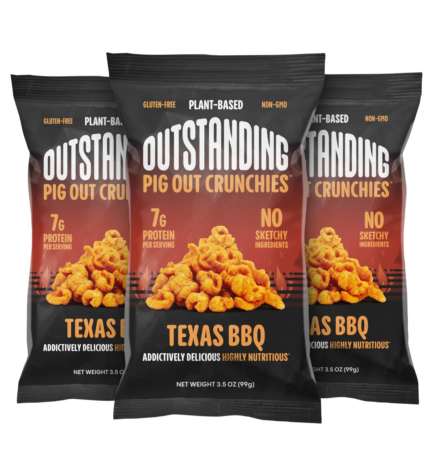 Pig Out Crunchies Texas BBQ 3.5 oz 3 Pack - Vegan, Plant Based, Gluten Free, Low Carb Kosher Snacks - Source of 20 Essential Vitamins and Minerals - Buy Online on GoSupps.com