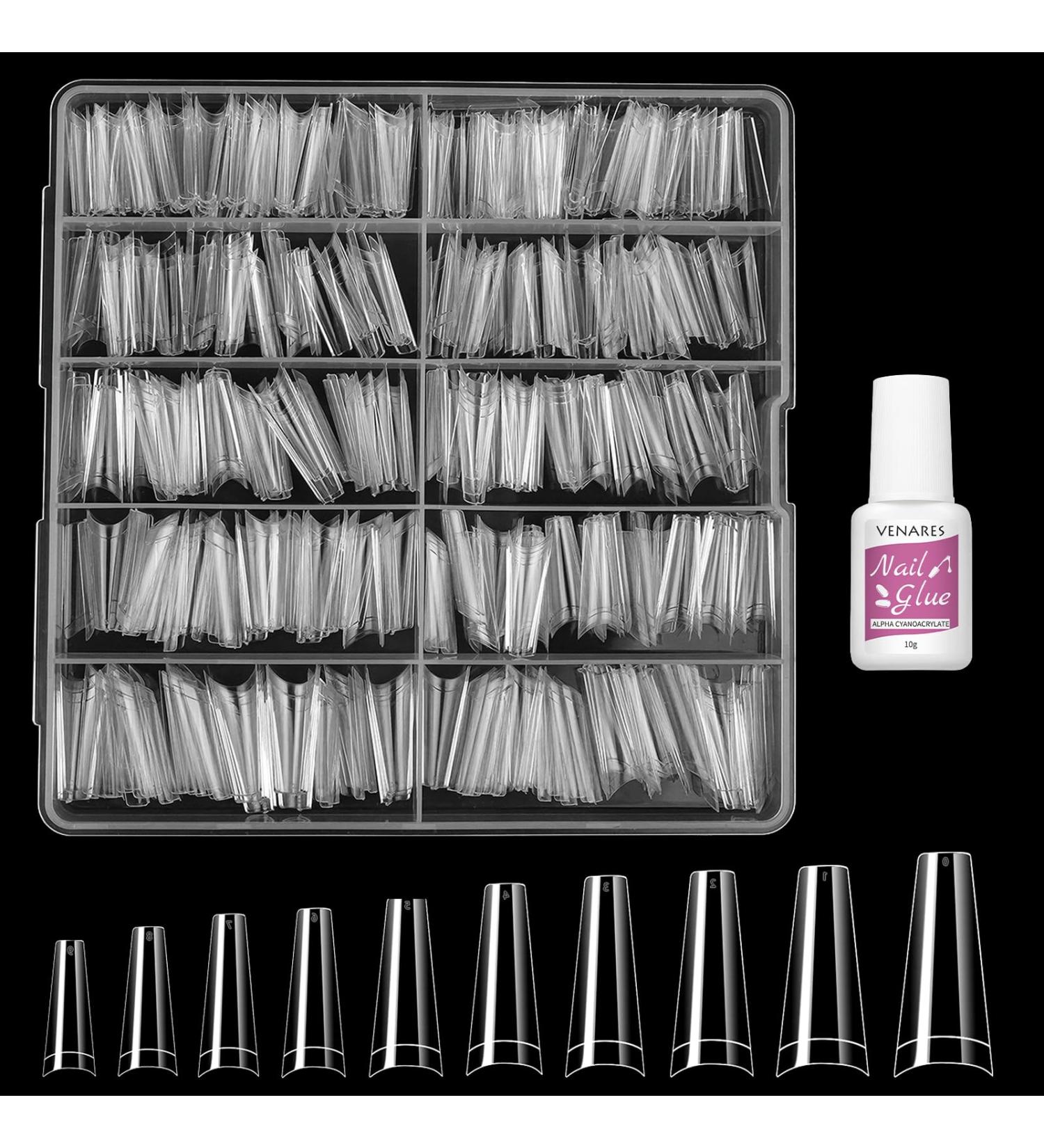 Venares 500 Clear Coffin Nail Tips for Gel Nails - 10 Sizes with Glue & Box | Tips for Perfect Gel Manicure - Buy Online on GoSupps.com
