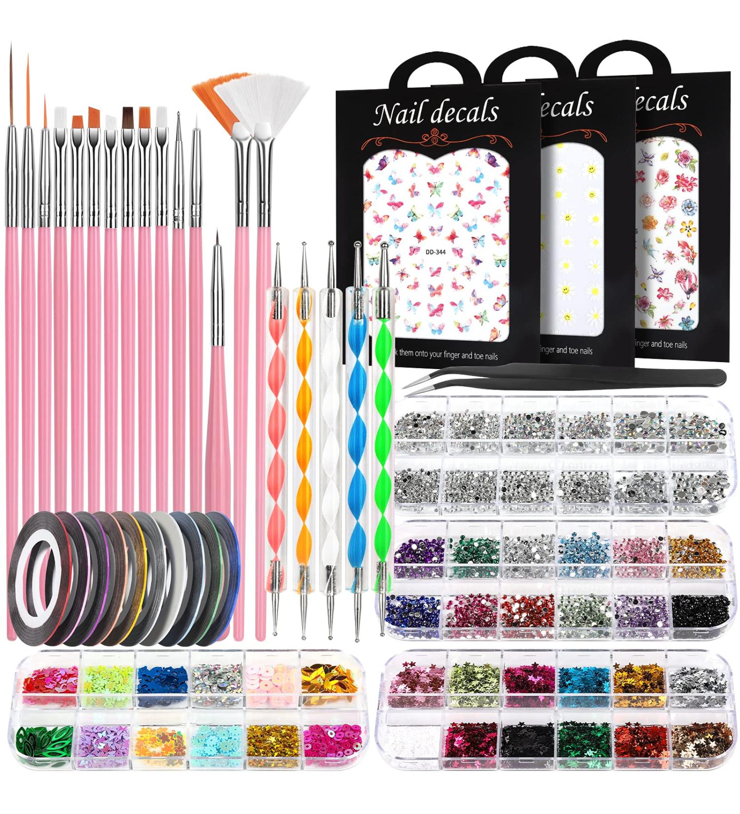 Teenitor Nail Art Kit with Brushes, Dotting Tools, Stickers, Rhinestones & Glitter - Pink Striping Tape Included - Buy Online on GoSupps.com