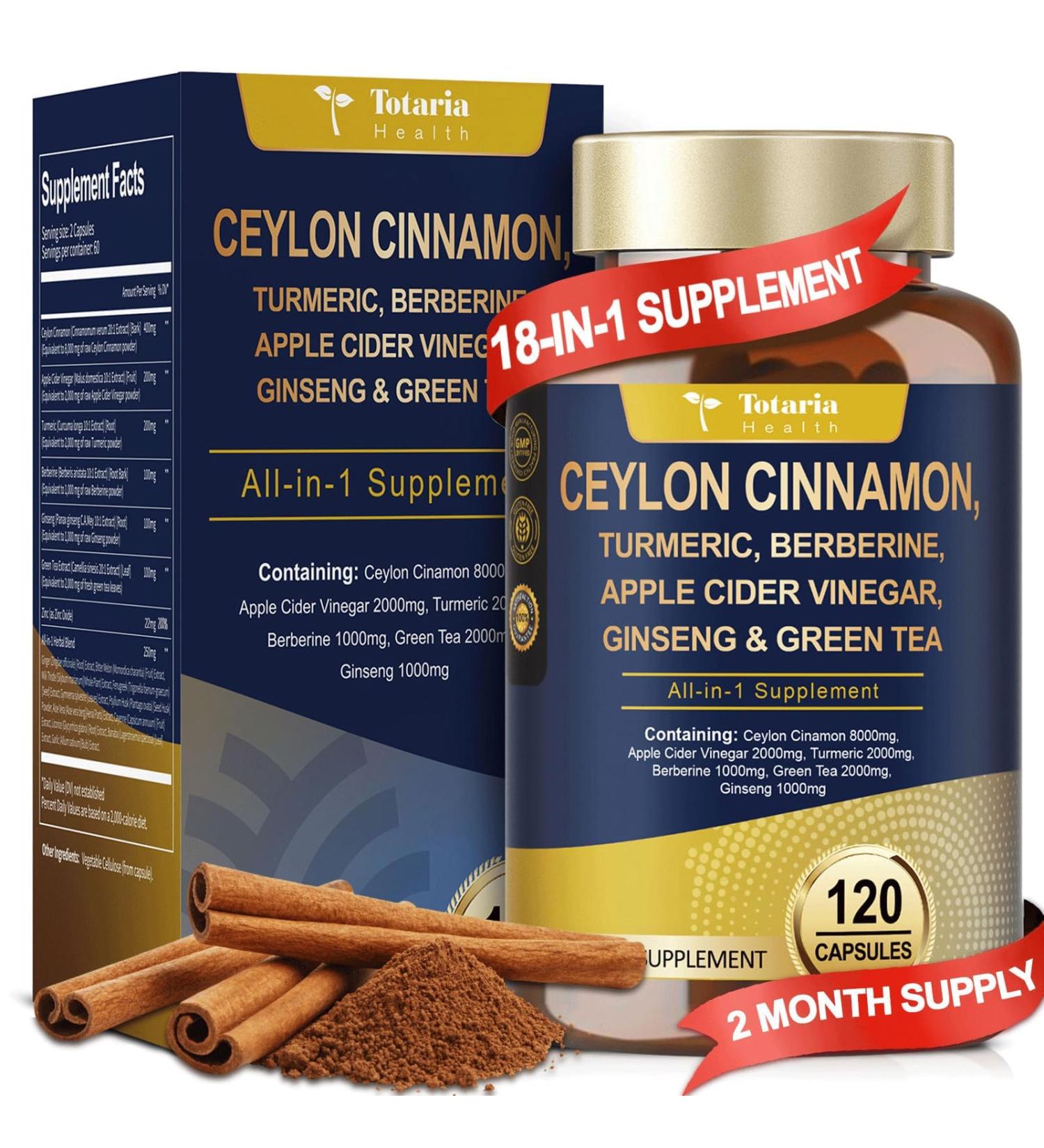 Totaria 18-in-1 Organic Ceylon Cinnamon Capsules 8000mg with Berberine Ceylon Cinnamon Supplement w/Apple Cider Vinegar Turmeric Bitter Melon Milk Thistle for Metabolism Energy Heart* 120 Counts 120 Count (Pack of 1) - Buy Online on GoSupps.com