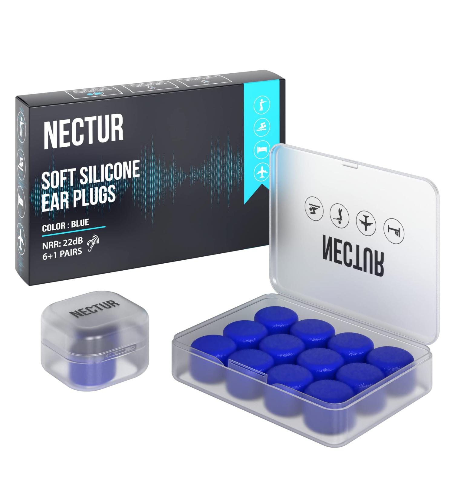 NECTUR 7 Pair Reusable Silicone Ear Plugs for Sleeping and Noise Cancelling - 22 DB NRR, Waterproof & Moldable - Ideal for Work, Concerts, Swimming, Mowing - Blue (0.6) - Buy Online on GoSupps.com