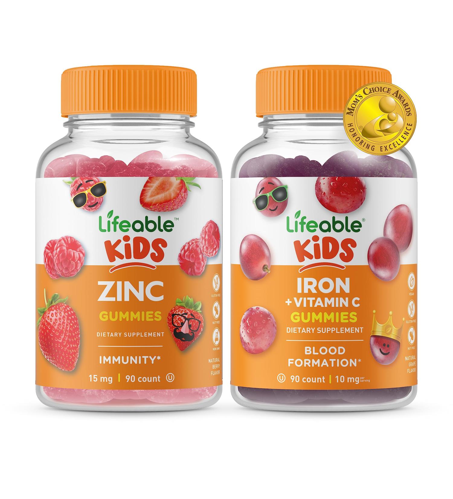 Lifeable Zinc Kids + Iron & Vitamin C Kids Gummies Bundle - Great Tasting Vitamin Supplement Gluten Free GMO Free Chewable Gummy