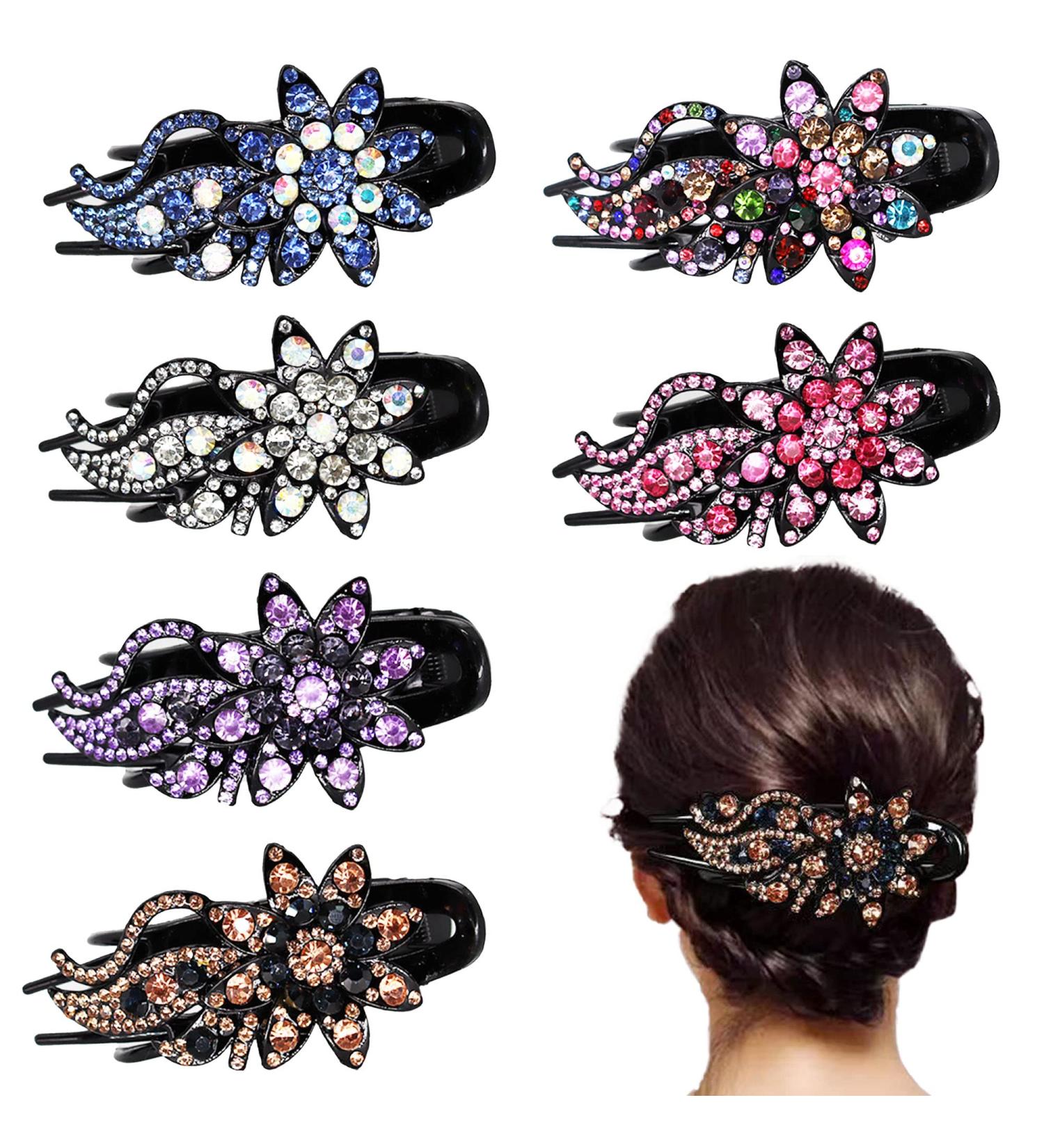 6 Pcs Sparkling Double Flower Rhinestone Duckbill Hair Clips - Decorative Hair Accessories for Women and Girls - Buy Online on GoSupps.com
