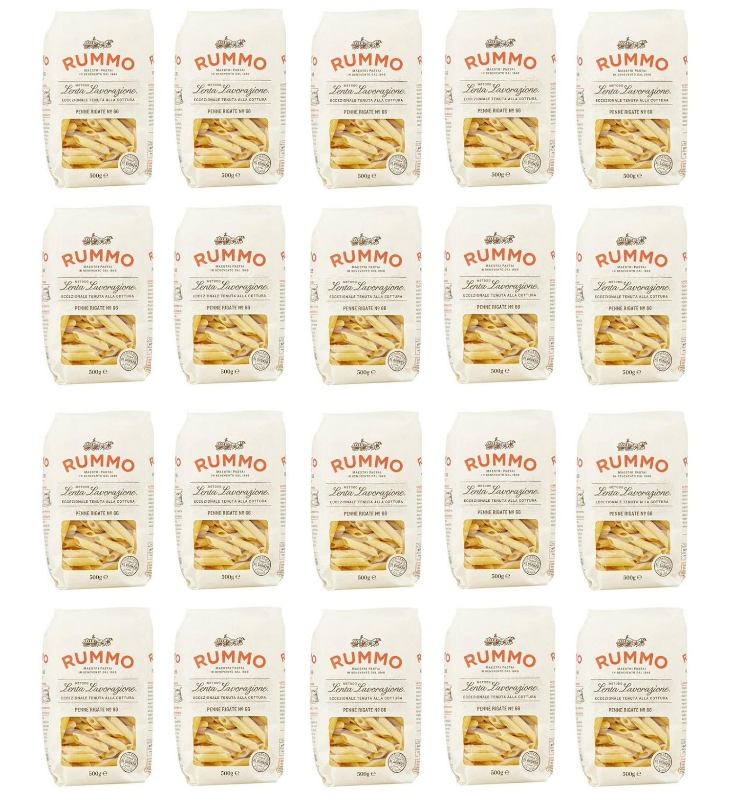 20 x Rummo Penne Rigate No 66 Pasta Lenta Lavorazione durum wheat semolina pasta with bronze tekening 500 g - Buy Online on GoSupps.com