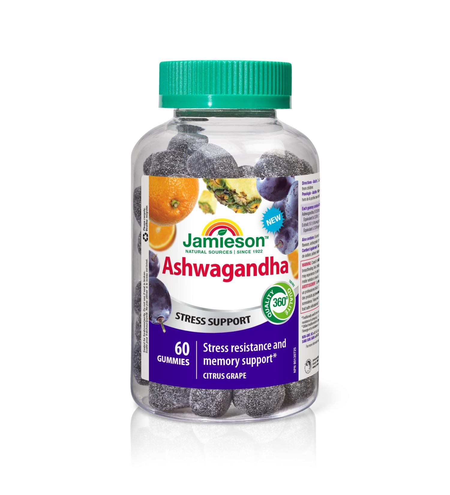 Jamieson Ashwagandha Gummies Citrus Grape Flavour 60 Count Stress Resistance & Memory Support - Buy Online on GoSupps.com