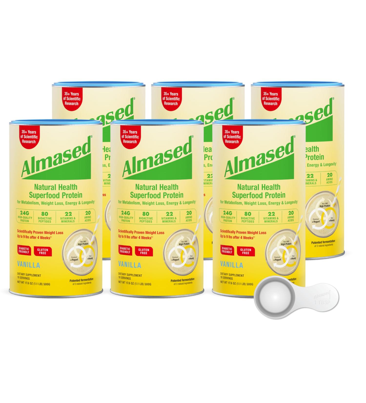 Almased Weight Loss Protein Powder Natural Meal Replacement Shake High Protein (Vanilla 6 cans + Scoop) - Buy Online on GoSupps.com