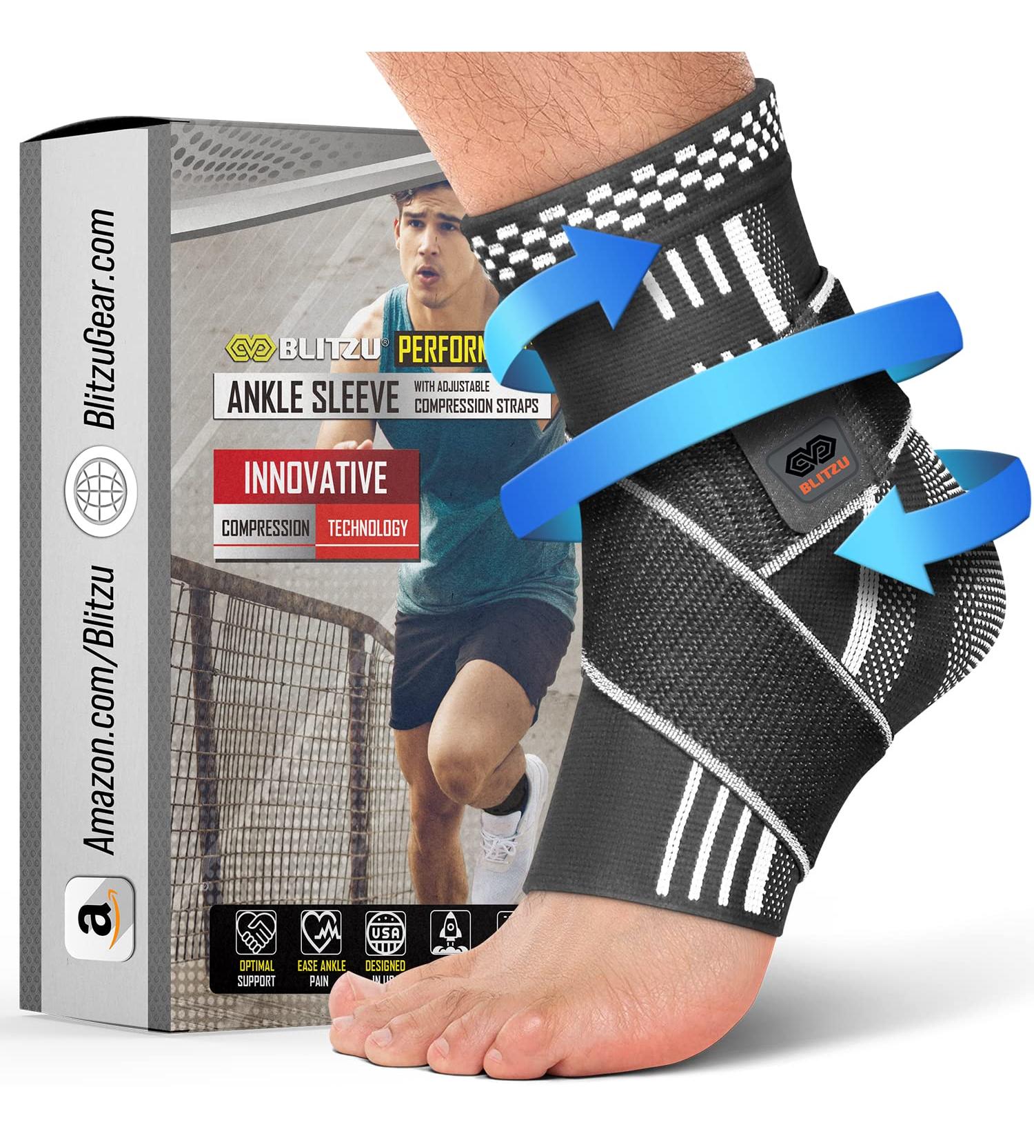 BLITZU Ankle Brace with Adjustable Compression Strap - Achilles Tendonitis Relief for Men & Women - Sprained Ankle Support Sleeve - Heel Pain & Foot Arch Protector - Size M Black - Buy Online on GoSupps.com