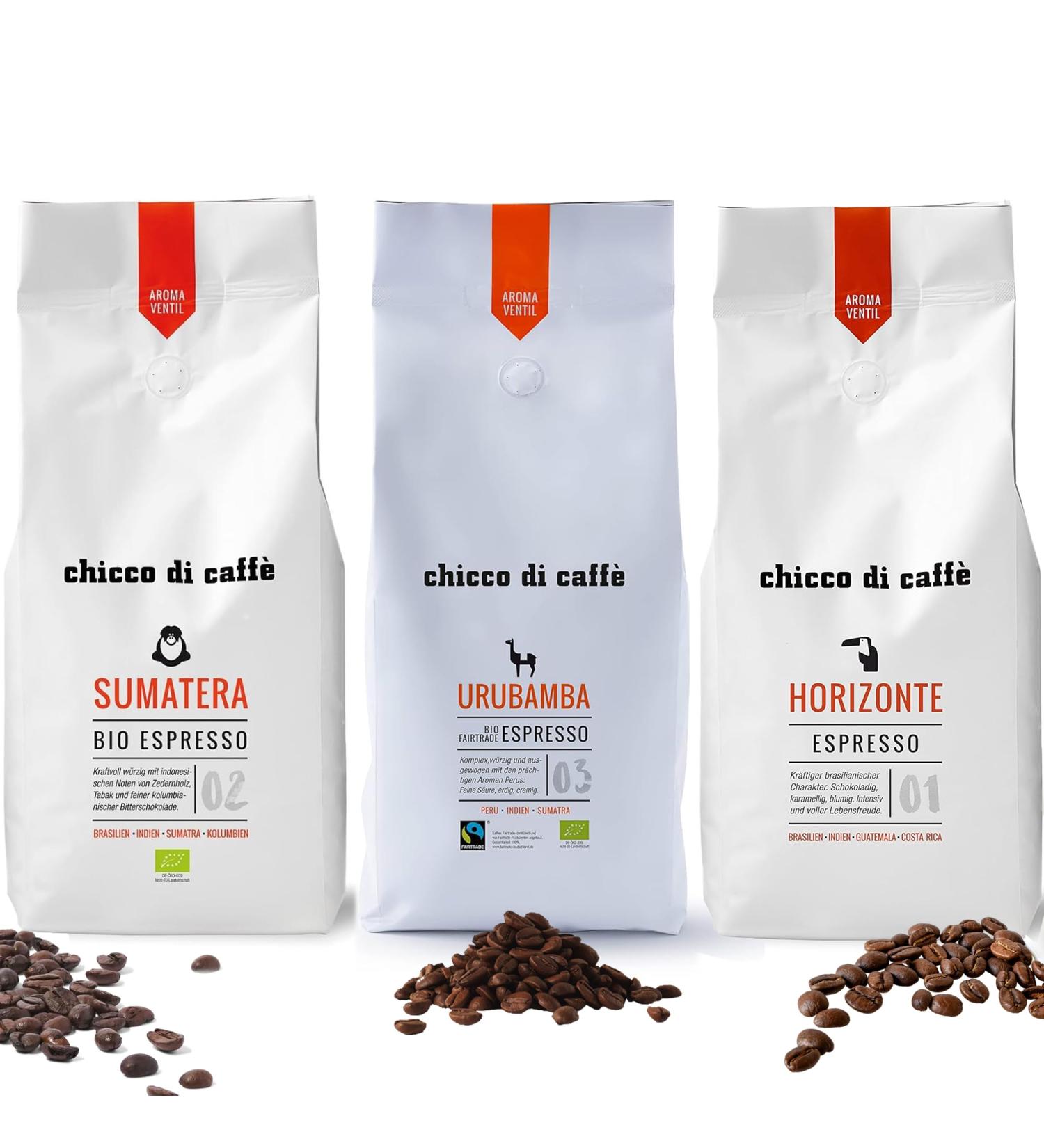 Chicco di Caff Trio 3kg Trial Package - Bio Espresso Urubamba Bio Espresso Sumatera & Espresso Horizonte - Whole Bean Coffee Savings - Buy Online on GoSupps.com