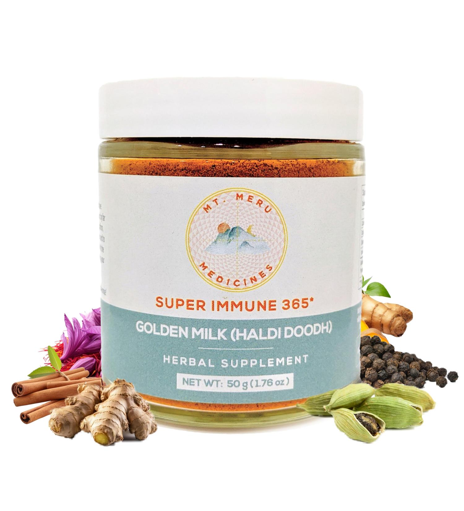 Mt.Meru Medicines Ayurvedic Haldi Doodh/Golden Milk Superblend- with Immune Boosting Formula Gluten-Free for Brain Health Gut Support with High Curcumin Lakadong Turmeric (1.76oz/50g) - Buy Online on GoSupps.com