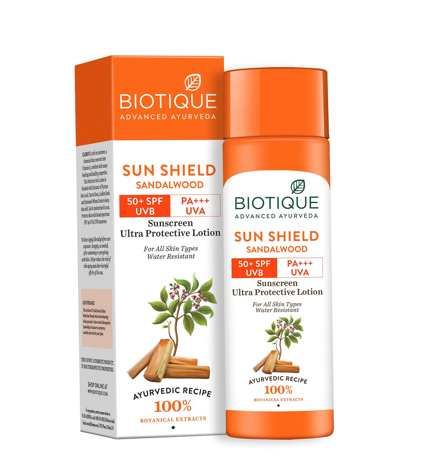 Biotique Bio Sandalwood Face & Body Sun Lotion Spf 50 Uva/Uvb Sunscreen For All Skin Types In The Sun Very Water Resistant 190ml