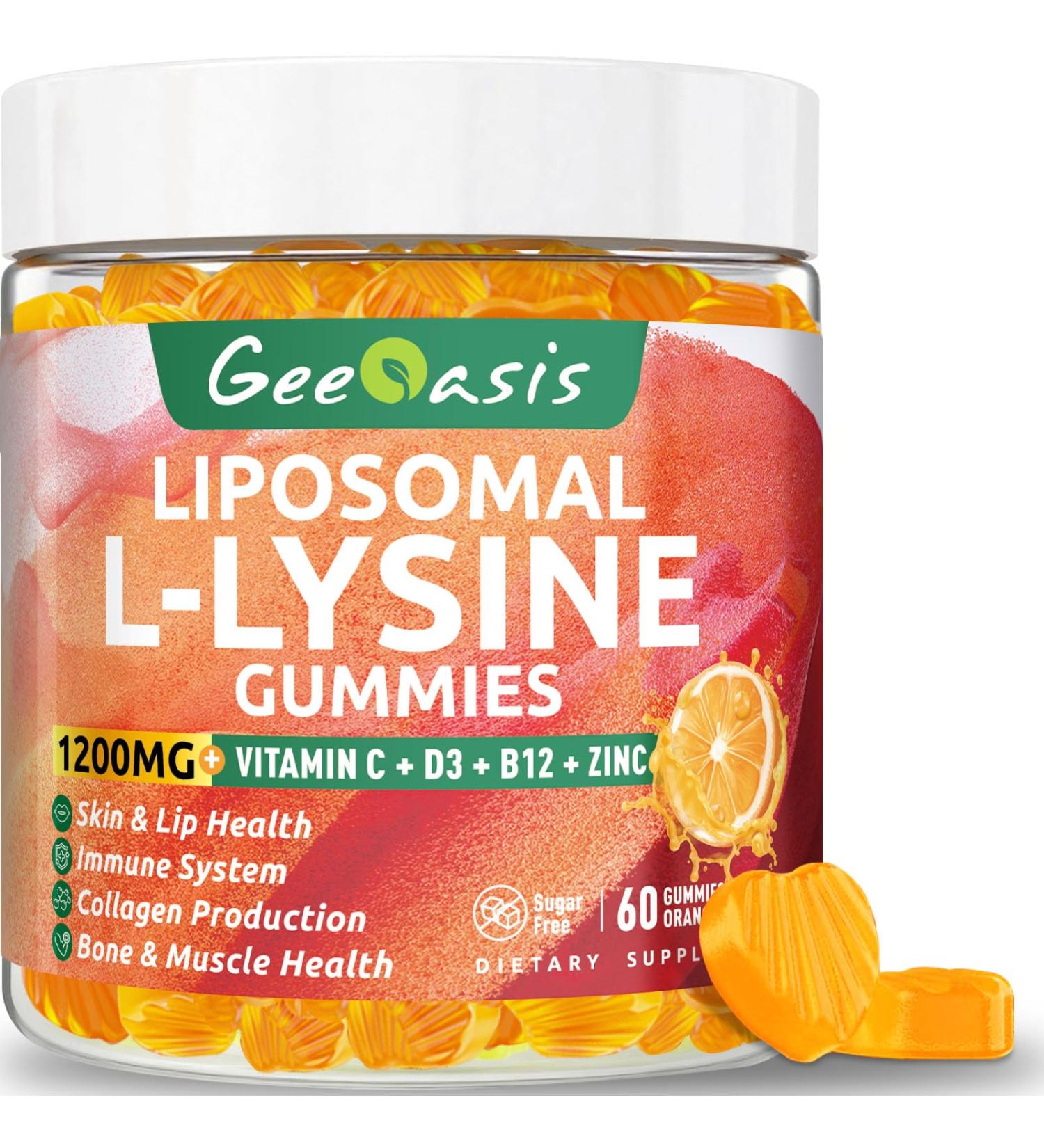 Liposomal L-lysine Gummies 1200mg, Lysine Chewable Supplement with Vitamin C, D3, B12 & Zinc for Adults & Kids, Immune & Collagen Support, Lips & Skin Health, Vegan, Natural Fruit Flavor, 60CT - Buy Online on GoSupps.com