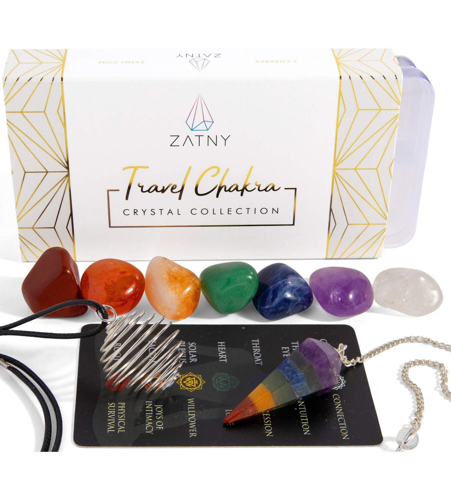 ZATNY Travel Chakra Crystals and Healing Stones Collection - 7 Chakra Set Tumbled Stones Chakra Pendulum Interchangeable Cage Necklace Reference Card Portable Case Ebook Travel Chakra Collection - Buy Online on GoSupps.com