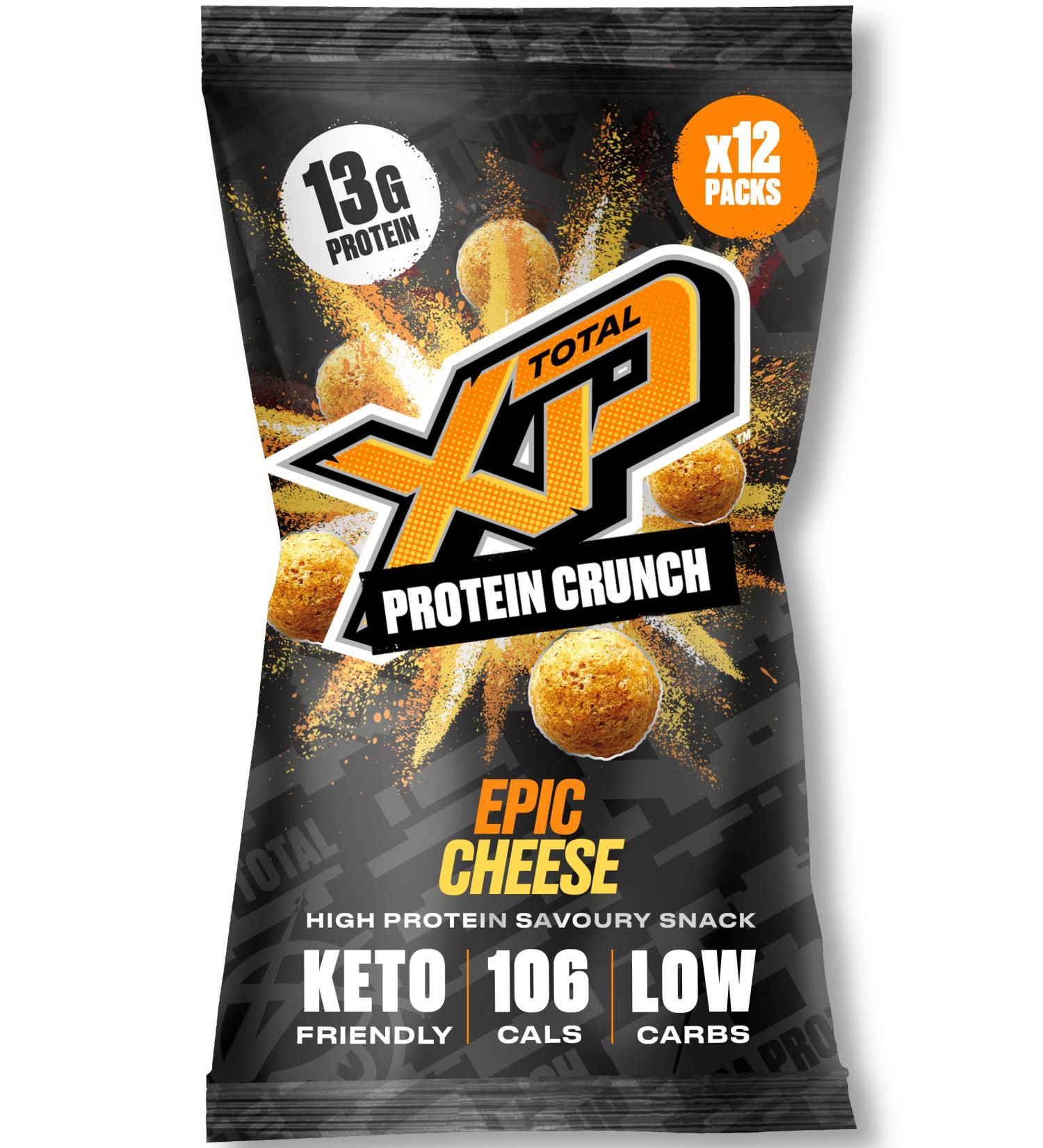 TOTAL XP Protein Crunch - Epic Cheese 12 Pack | Vegetarian High Protein Snacks | Low Carb Keto Friendly | Gluten Free | Palm Oil Free | 13g Protein | Protein Chips (12 x 24g) - Buy Online on GoSupps.com