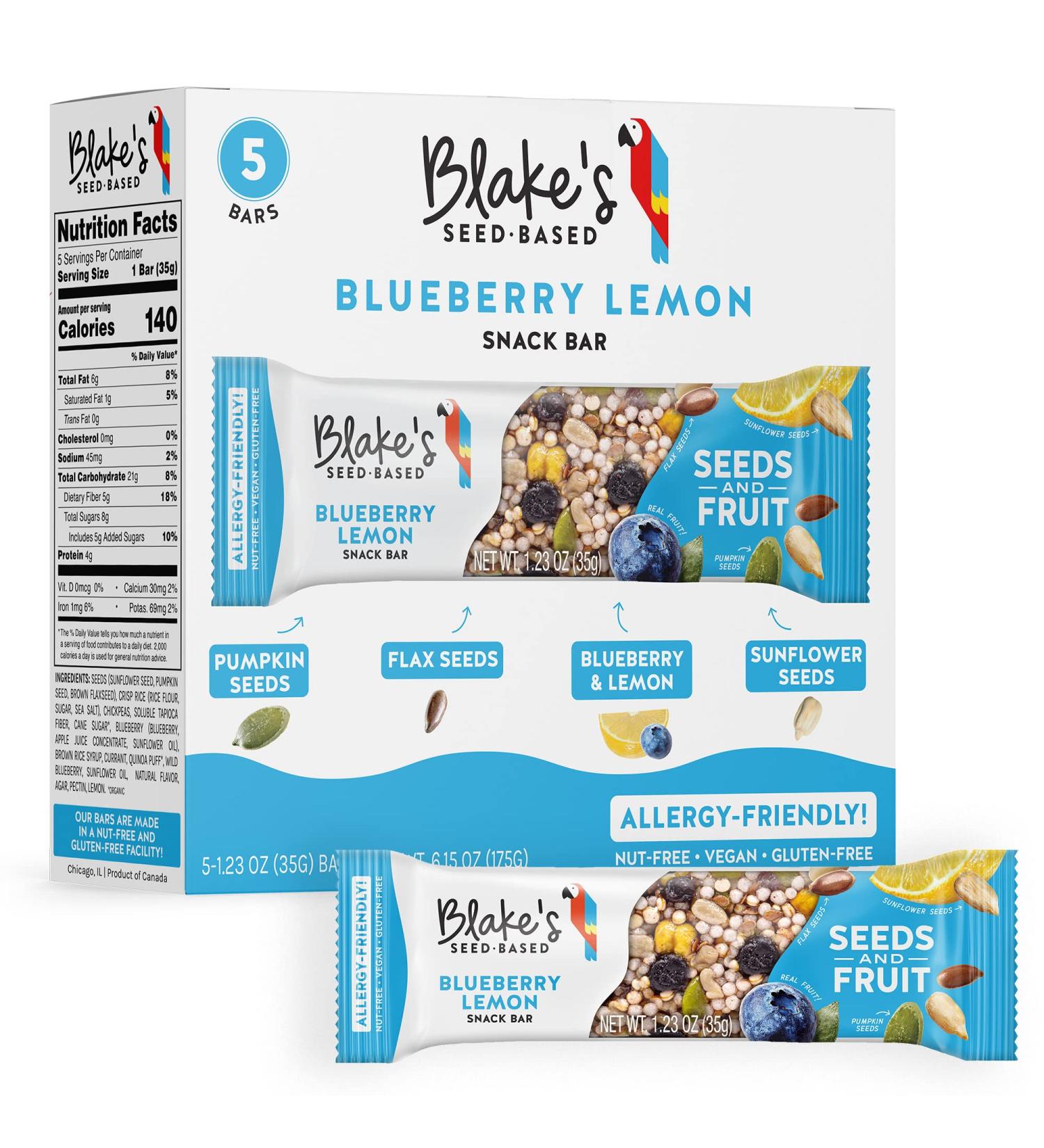 Blake's Blueberry Lemon Seed Based Snack Bar - Nut Free, Gluten Free, Dairy Free & Vegan - 5 Bars, Organic Fruit Bar Flavor - Healthy Breakfast Snacks for Kids and Adults - Buy Online on GoSupps.com