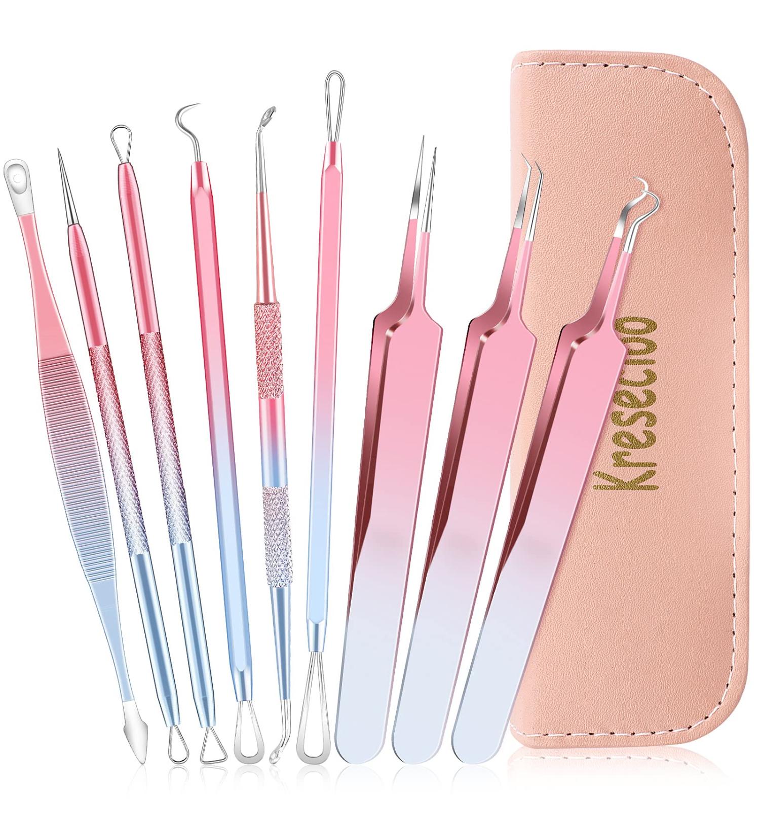 Kresecioo 9 PCS Blackhead Remover Tools Kit for Nose & Face - Professional Acne Extractor Set with Leather Bag (Pink) - Buy Online on GoSupps.com