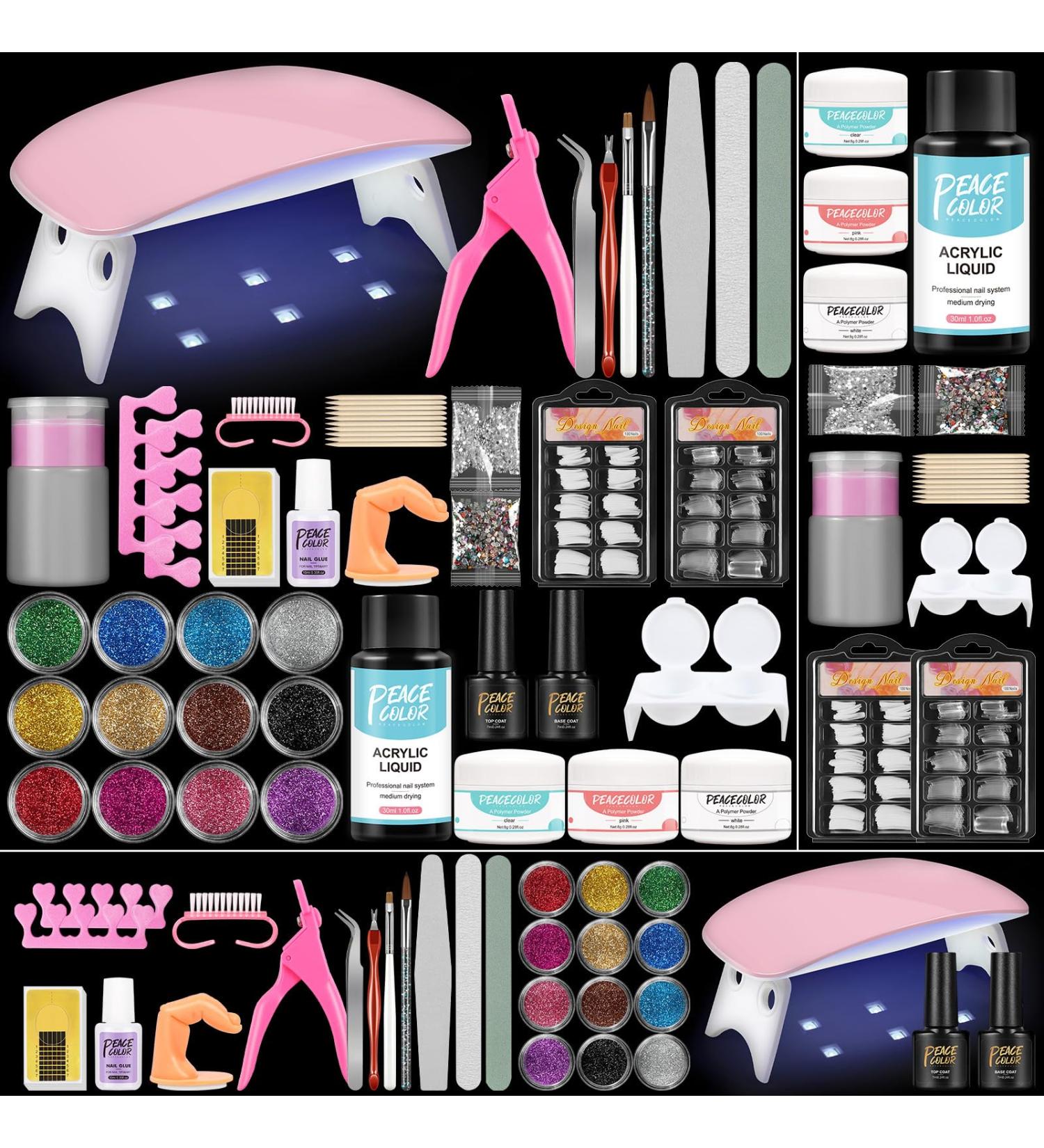 PEACECOLOR Acrylic Nail Kit with 6W U V Lamp Nail Kit Set Professional Acrylic Powder with Glitter and Acrylic Monomer Complete Nail Starter Kit PB0027-UK56-01 - Buy Online on GoSupps.com