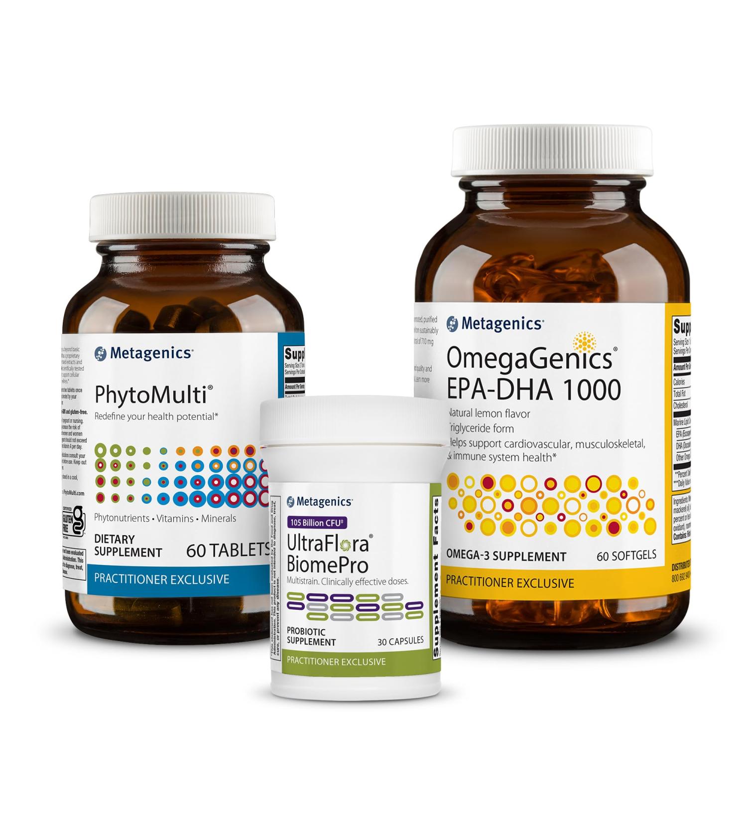 Metagenics PhytoMulti - 60 Tablets OmegaGenics EPA-DHA 1000-60 Softgels and UltraFlora BiomePro - 30 Capsules - Buy Online on GoSupps.com