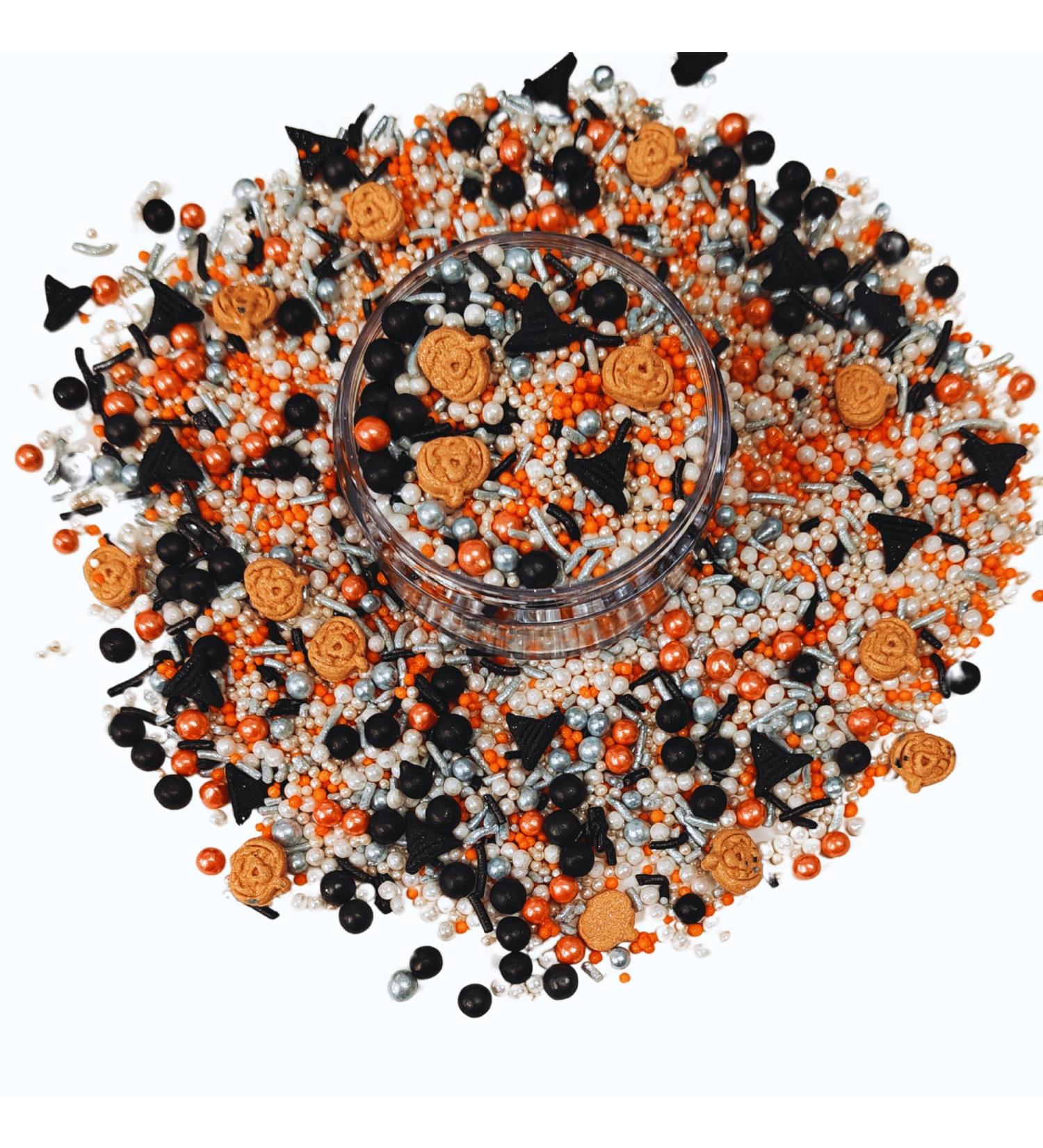 Confect Mix White Orange & Black Pearl Sprinkles & Jimmies | Witch Hat & Pumpkin Sprinkles | Spooky Sprinkles | Halloween Sprinkles | Pumpkin Witchery Sprinkles - 50 gms HLWN BOX-11 - Buy Online on GoSupps.com