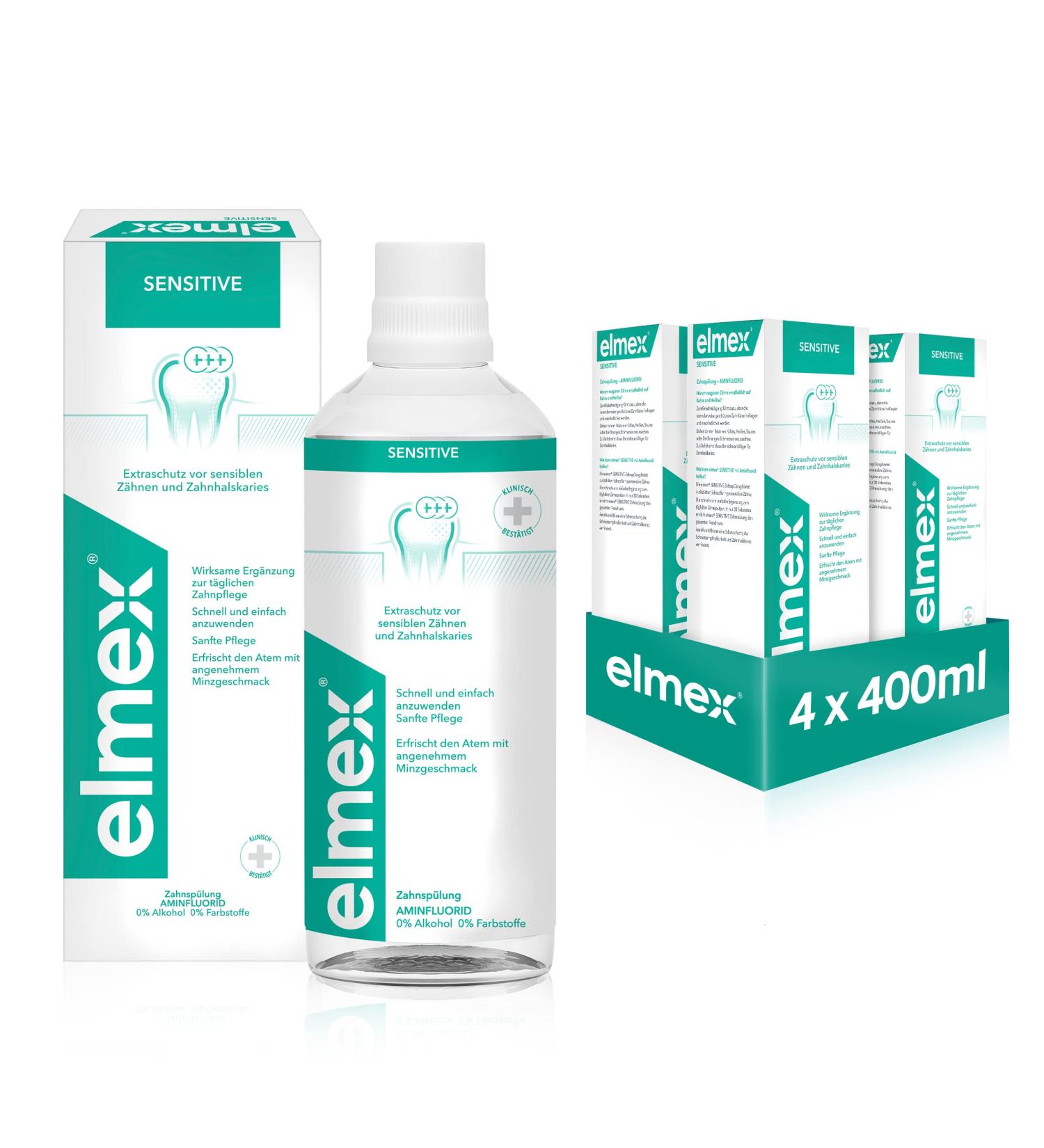 Elmex Mouthwash Sensitive 4x400ml - Extra Protection for Sensitive Teeth & Tooth Neck Caries | Alcohol-Free Mint Flavor - Daily Oral Care - Buy Online on GoSupps.com