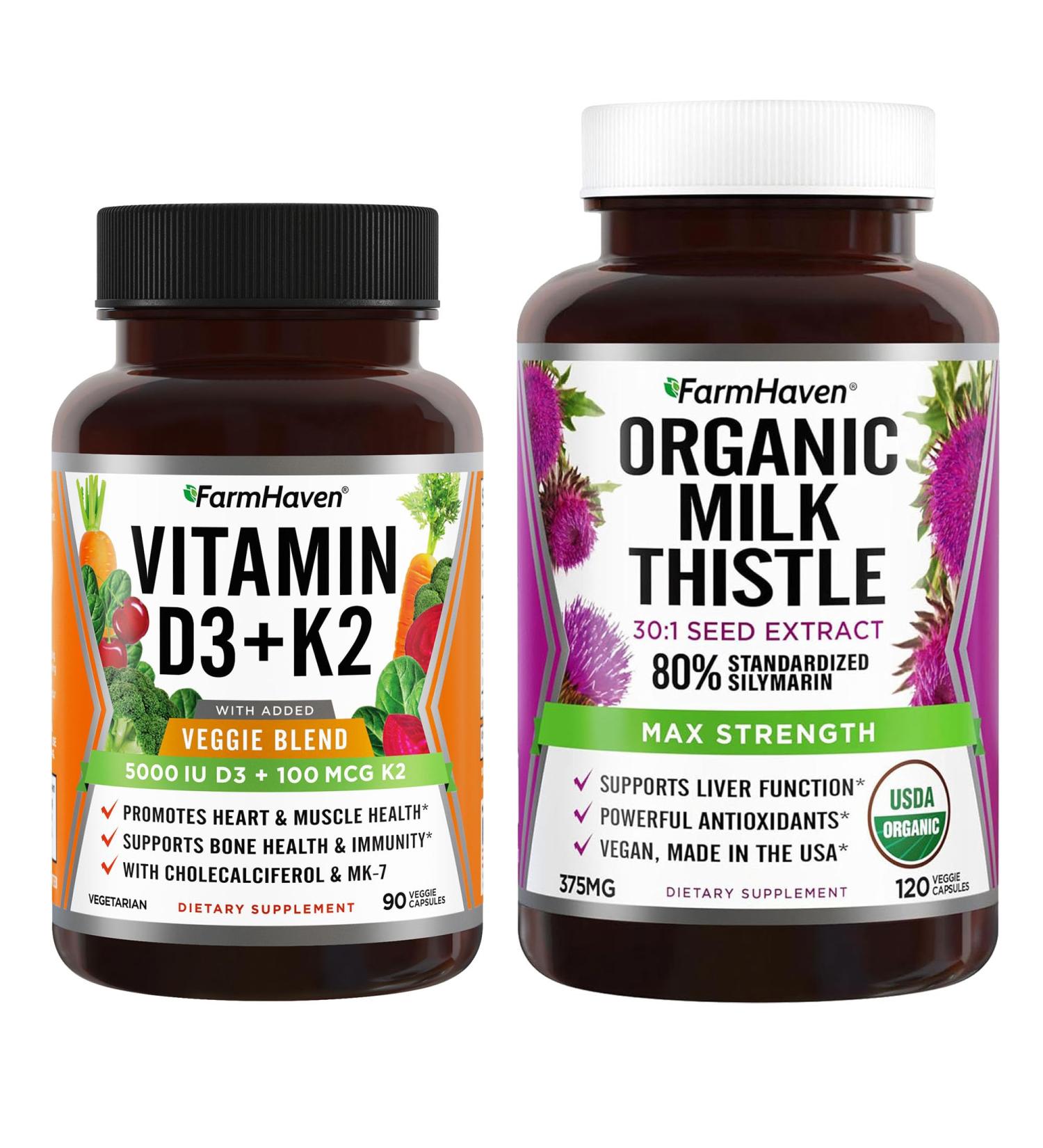 FarmHaven USDA Organic Milk Thistle Capsules and Vitamin D3 K2 Capsules - Buy Online on GoSupps.com