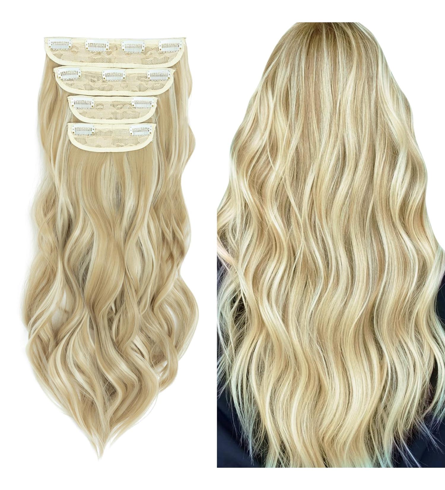 Curly Clip in Hair Extensions 22 Inch Ash Blonde Mix Bleach Blonde - 4PCS Synthetic Hair Pieces for Women - Buy Online on GoSupps.com