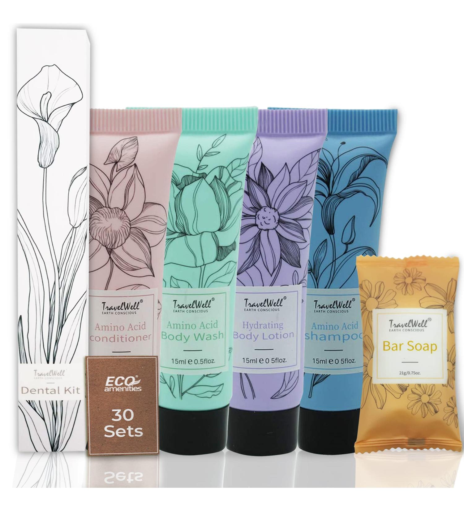 Buy TravelWell Travel Size Toiletries Bulk Set - 180 Airbnb Essentials for Guests | Mini Shampoo Conditioner Soap Bars Lotion Body Wash Dental Kit - Buy Online on GoSupps.com